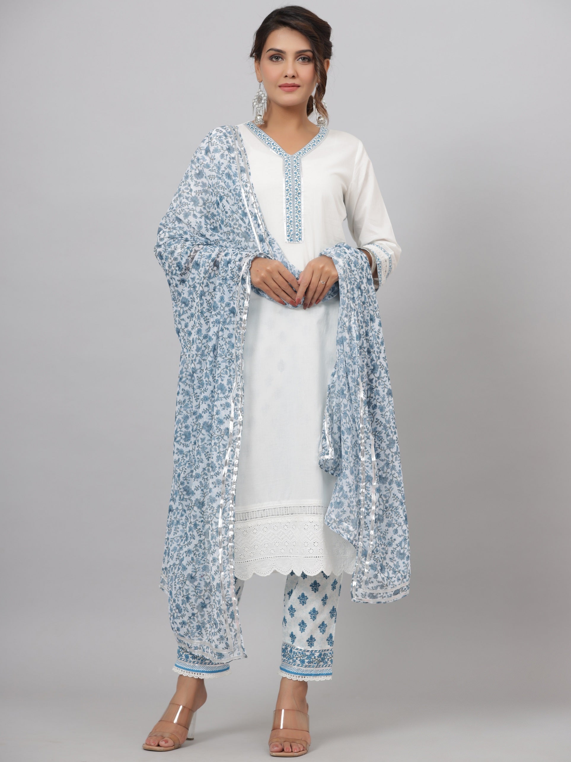 Juniper Women's White Cotton Cambric Solid Kurta Floral Printed Pant & Dupatta Set