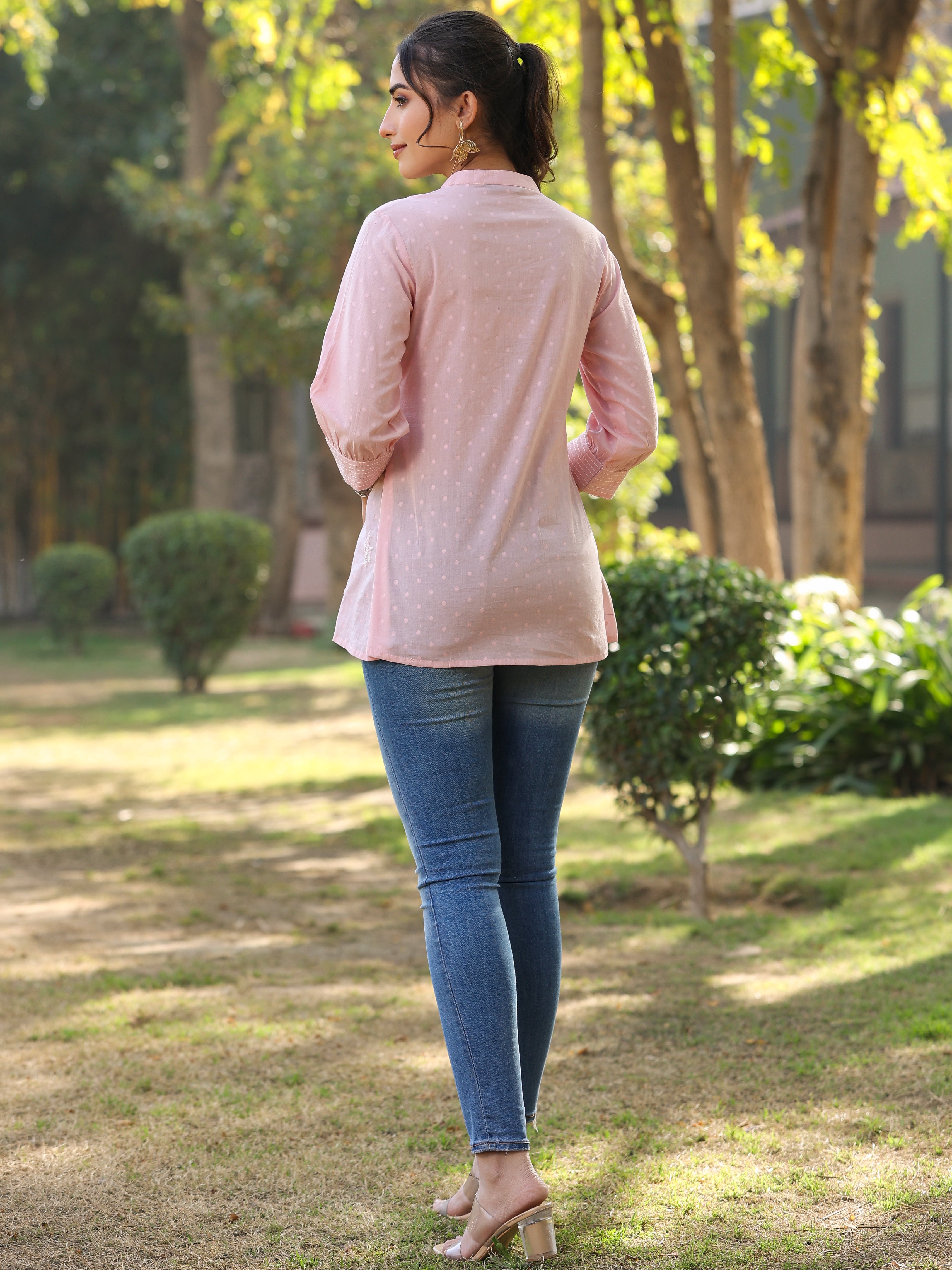Juniper Women's Pink Cotton Dobby Solid With Embroidered Straight Tunic