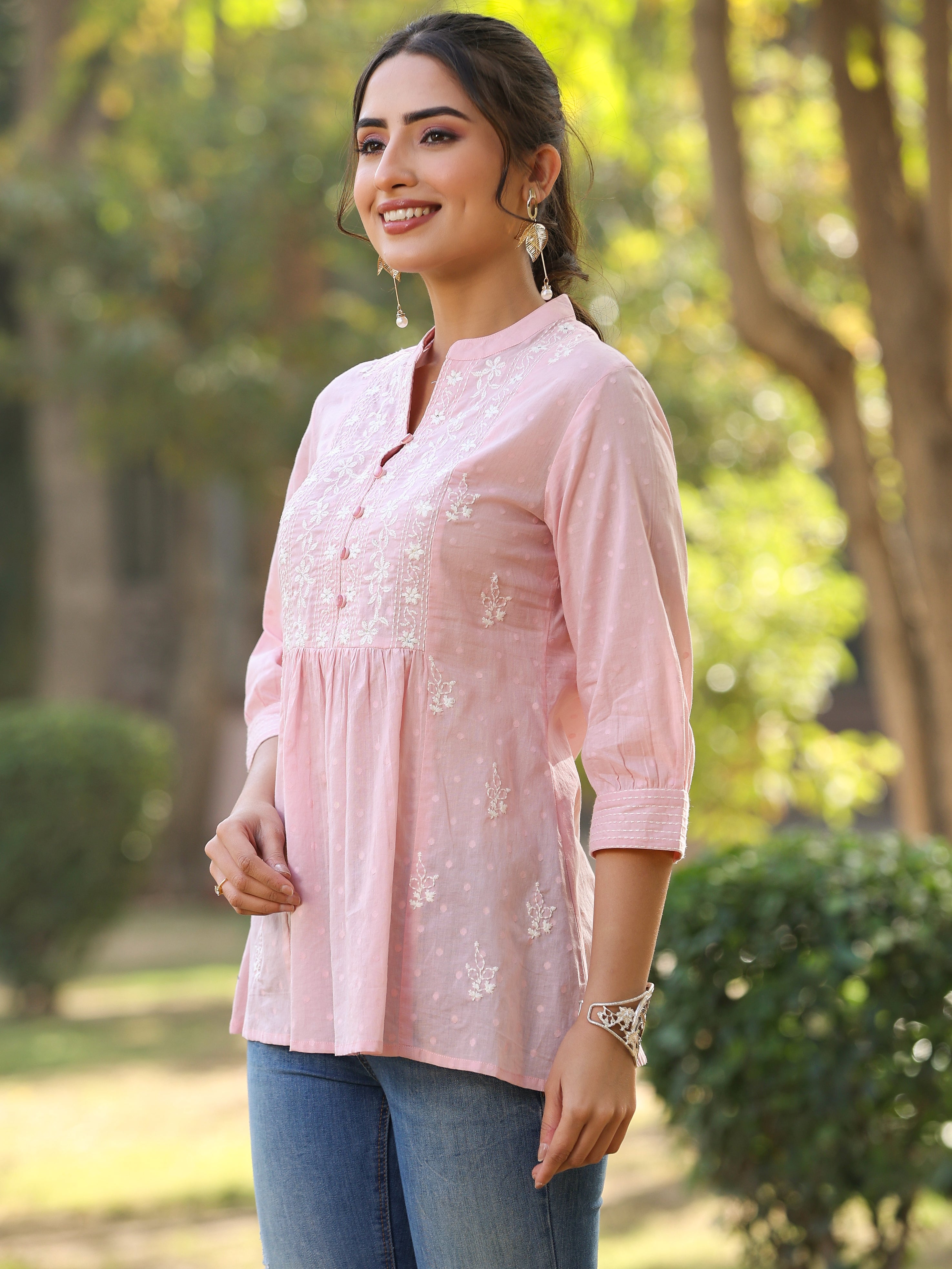 Juniper Women's Pink Cotton Dobby Solid With Embroidered Straight Tunic