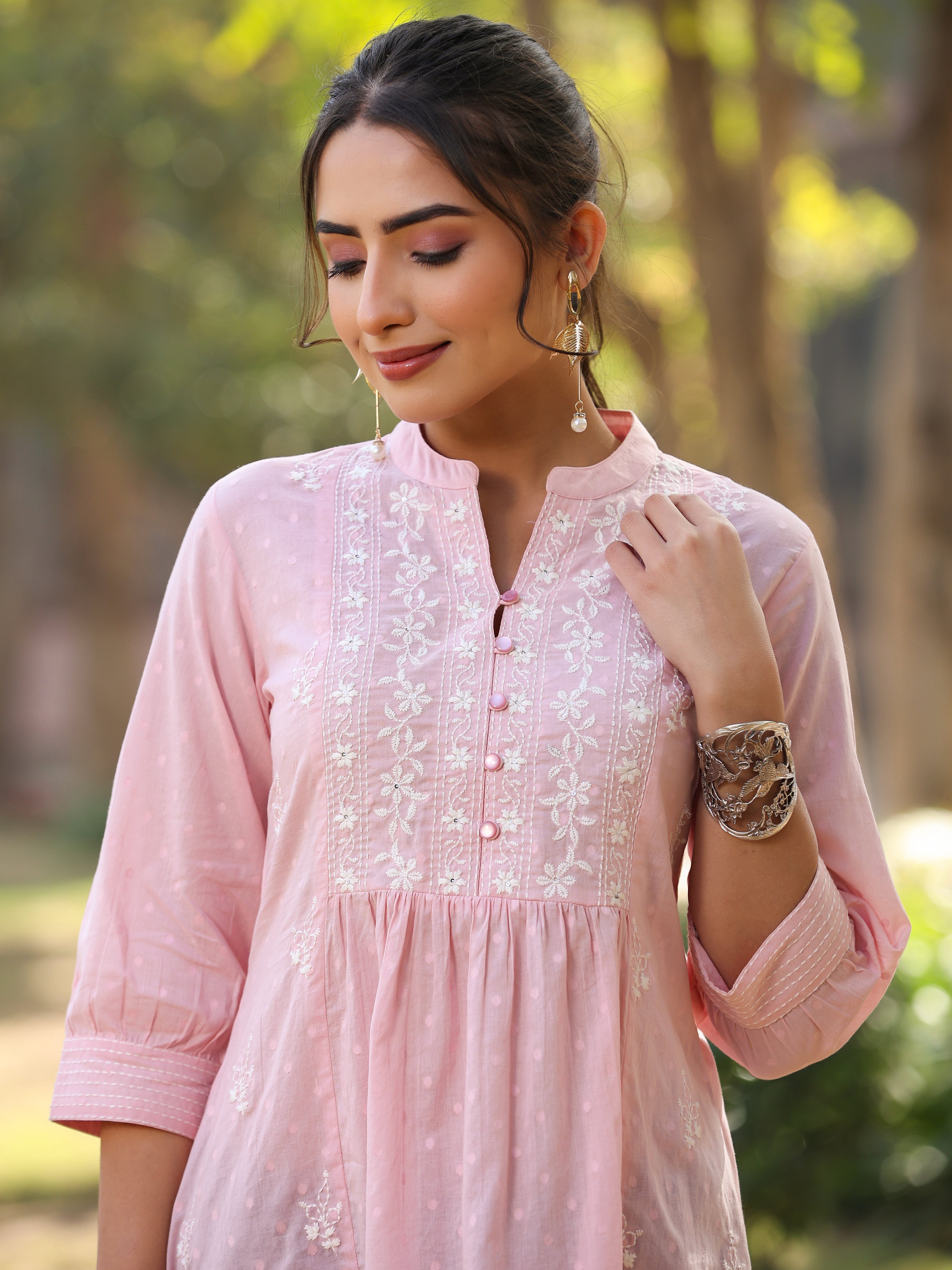 Juniper Women's Pink Cotton Dobby Solid With Embroidered Straight Tunic