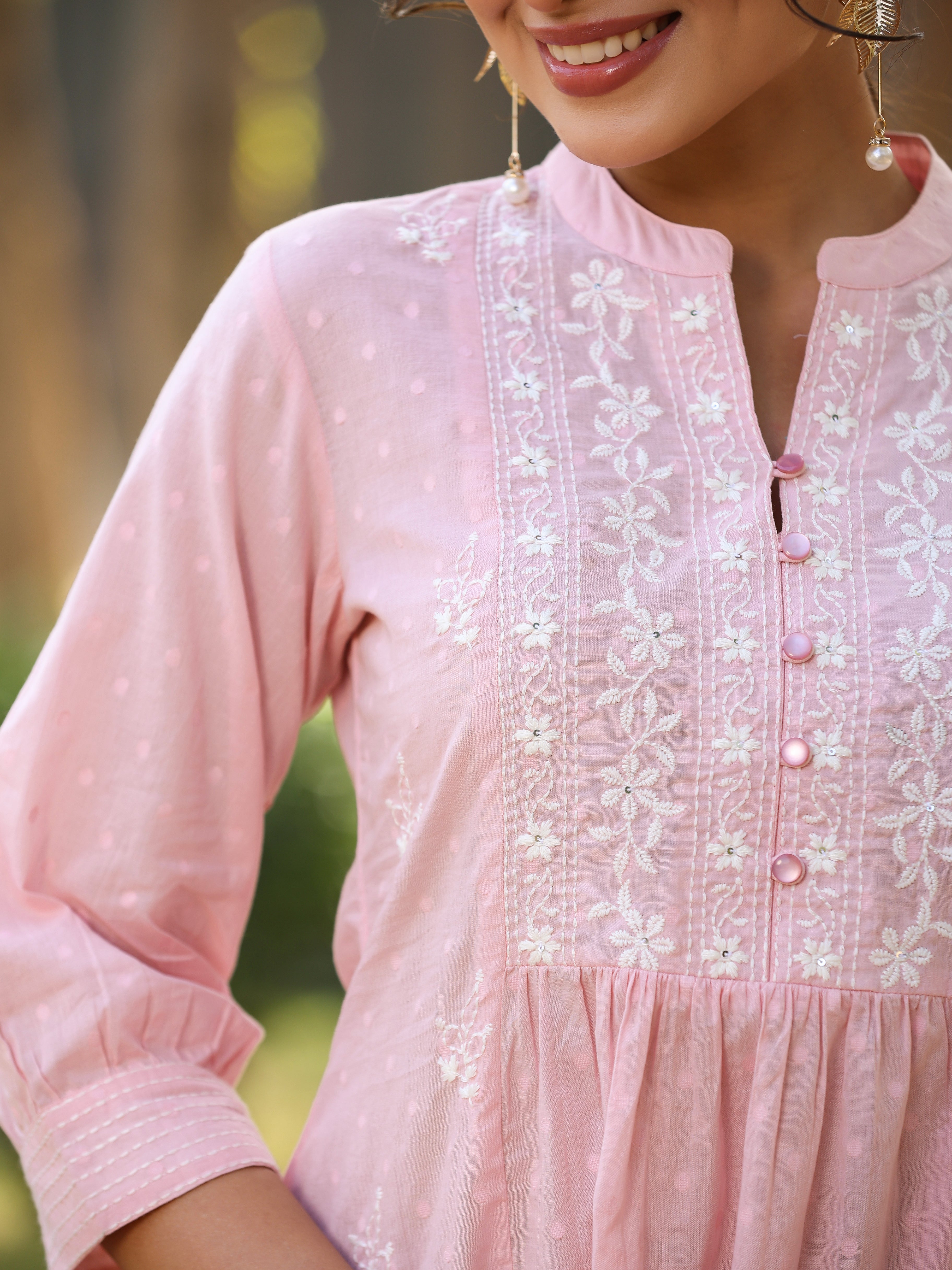 Juniper Women's Pink Cotton Dobby Solid With Embroidered Straight Tunic