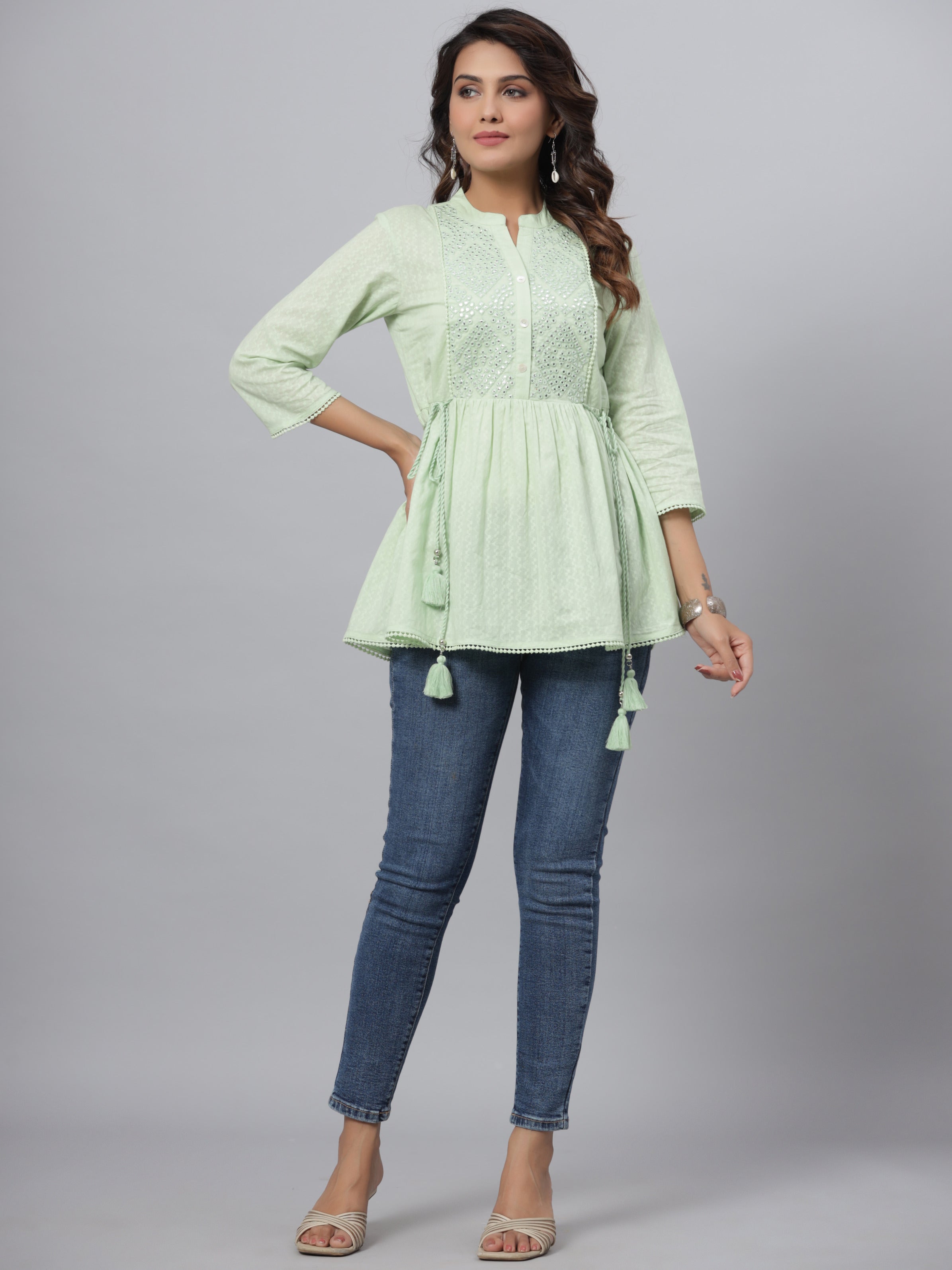 Juniper Women's Green Cotton Dobby Solid With Embroidery Fit & Flare Tunic