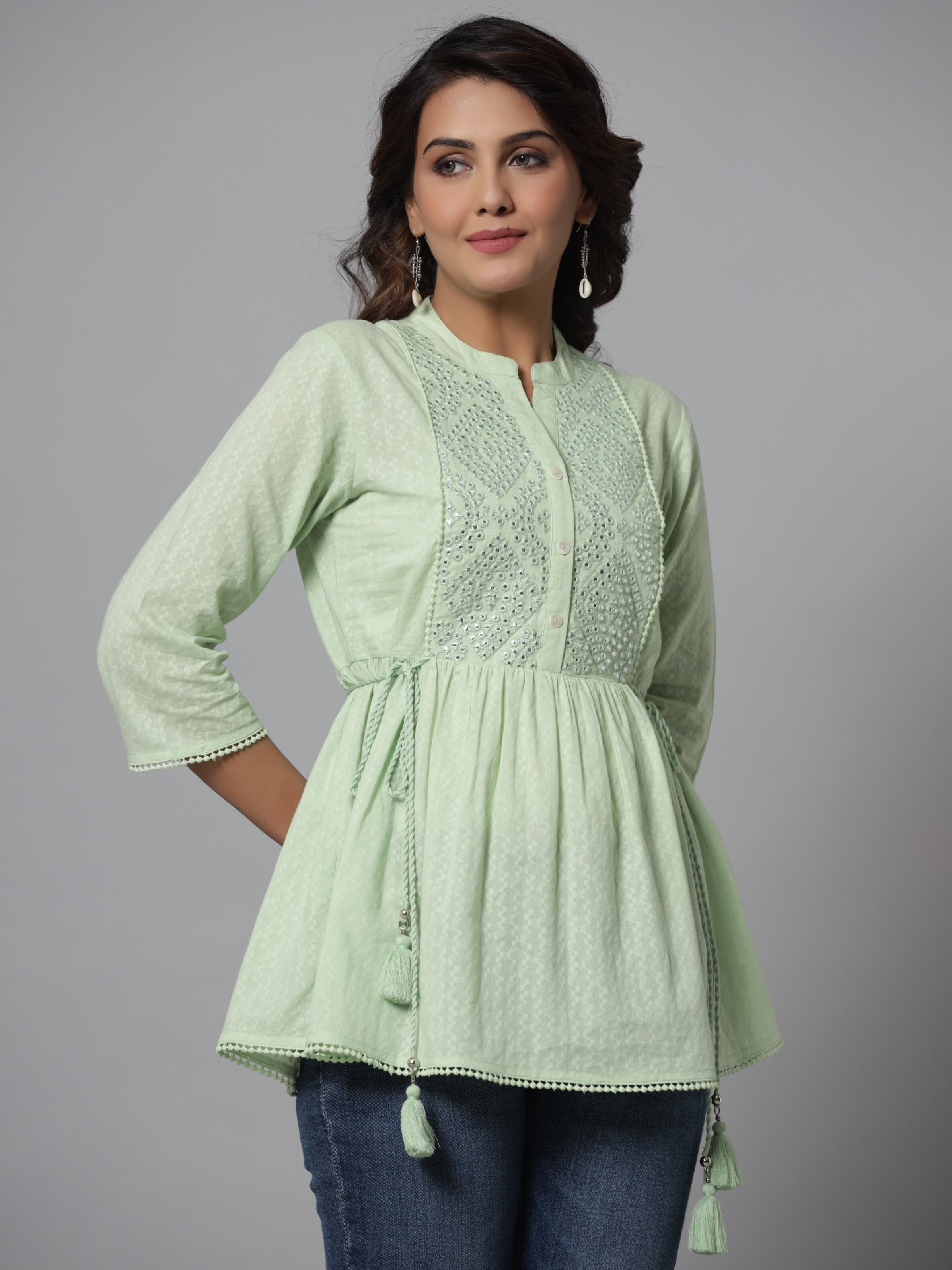 Juniper Women's Green Cotton Dobby Solid With Embroidery Fit & Flare Tunic