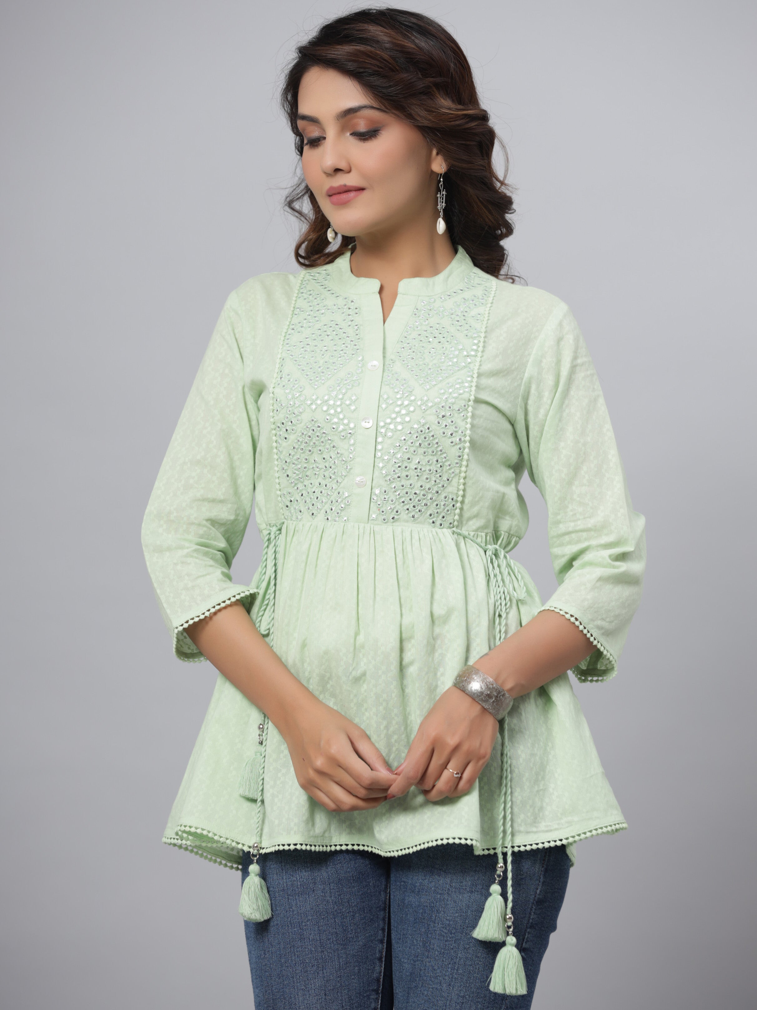 Juniper Women's Green Cotton Dobby Solid With Embroidery Fit & Flare Tunic