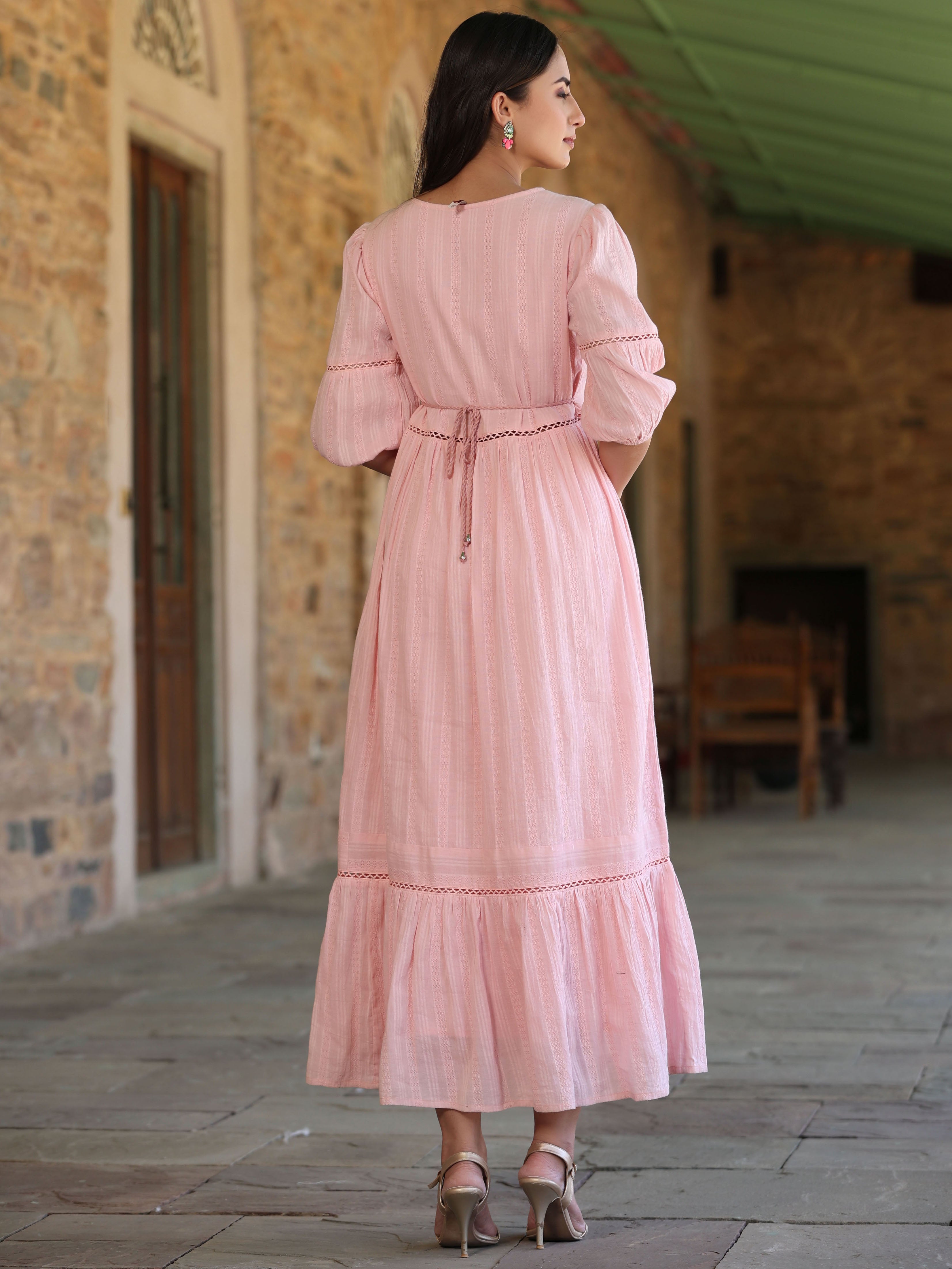 Juniper Women's Pink Cotton Dobby Embroidered Flared Dress