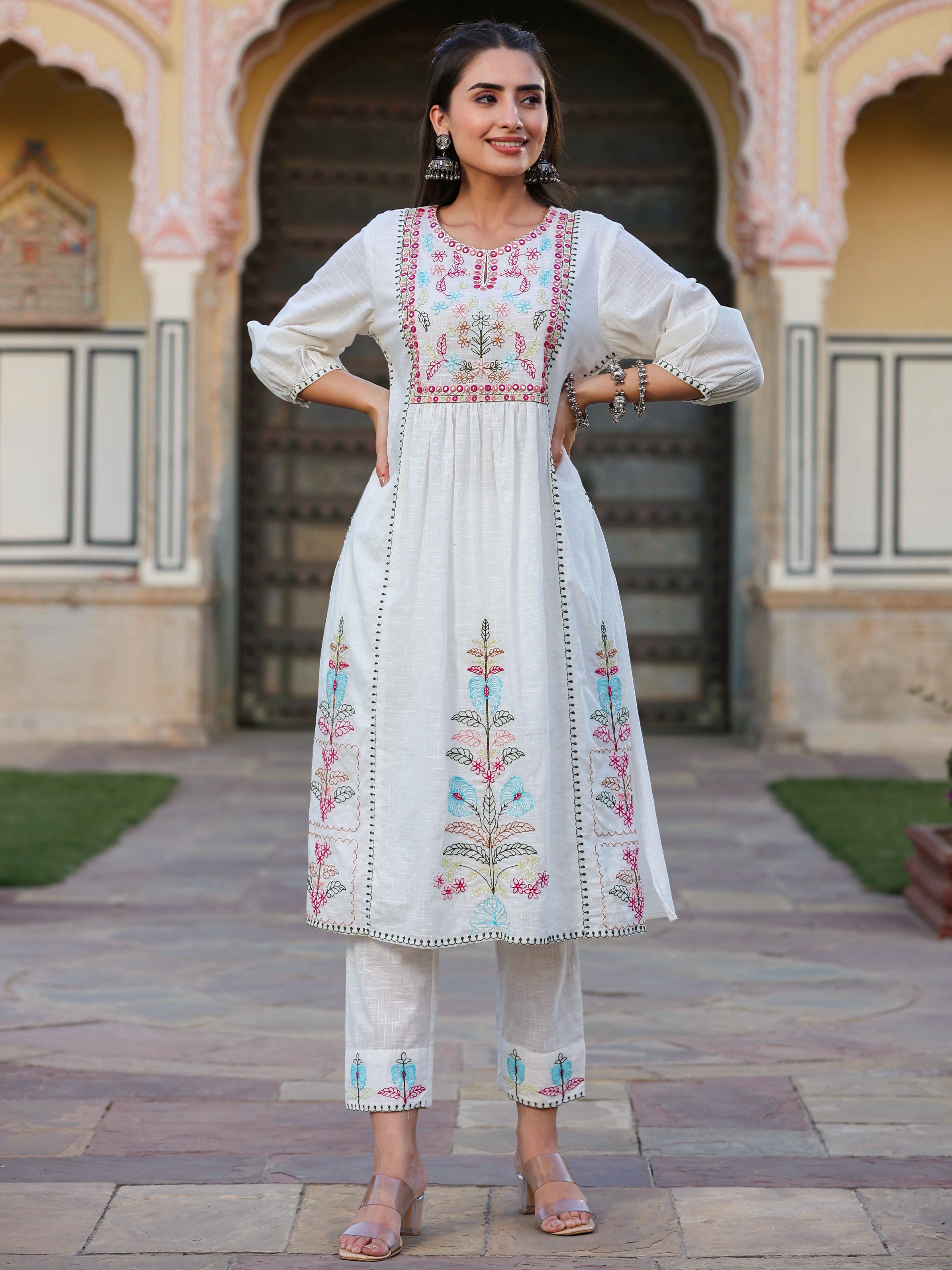 Juniper Women White Cotton Slub Embroidered Kurta & Pant Set