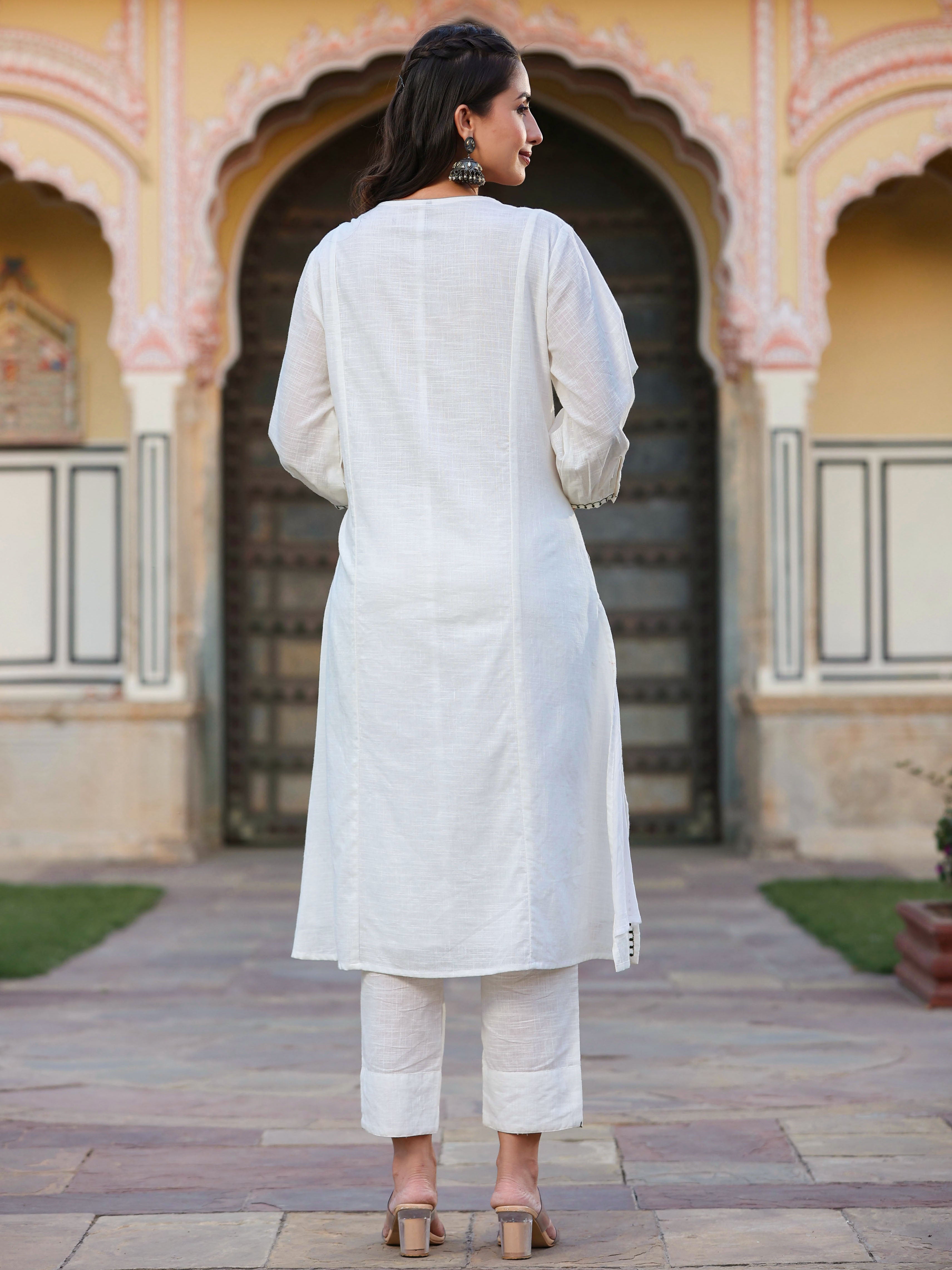 Juniper Women White Cotton Slub Embroidered Kurta & Pant Set