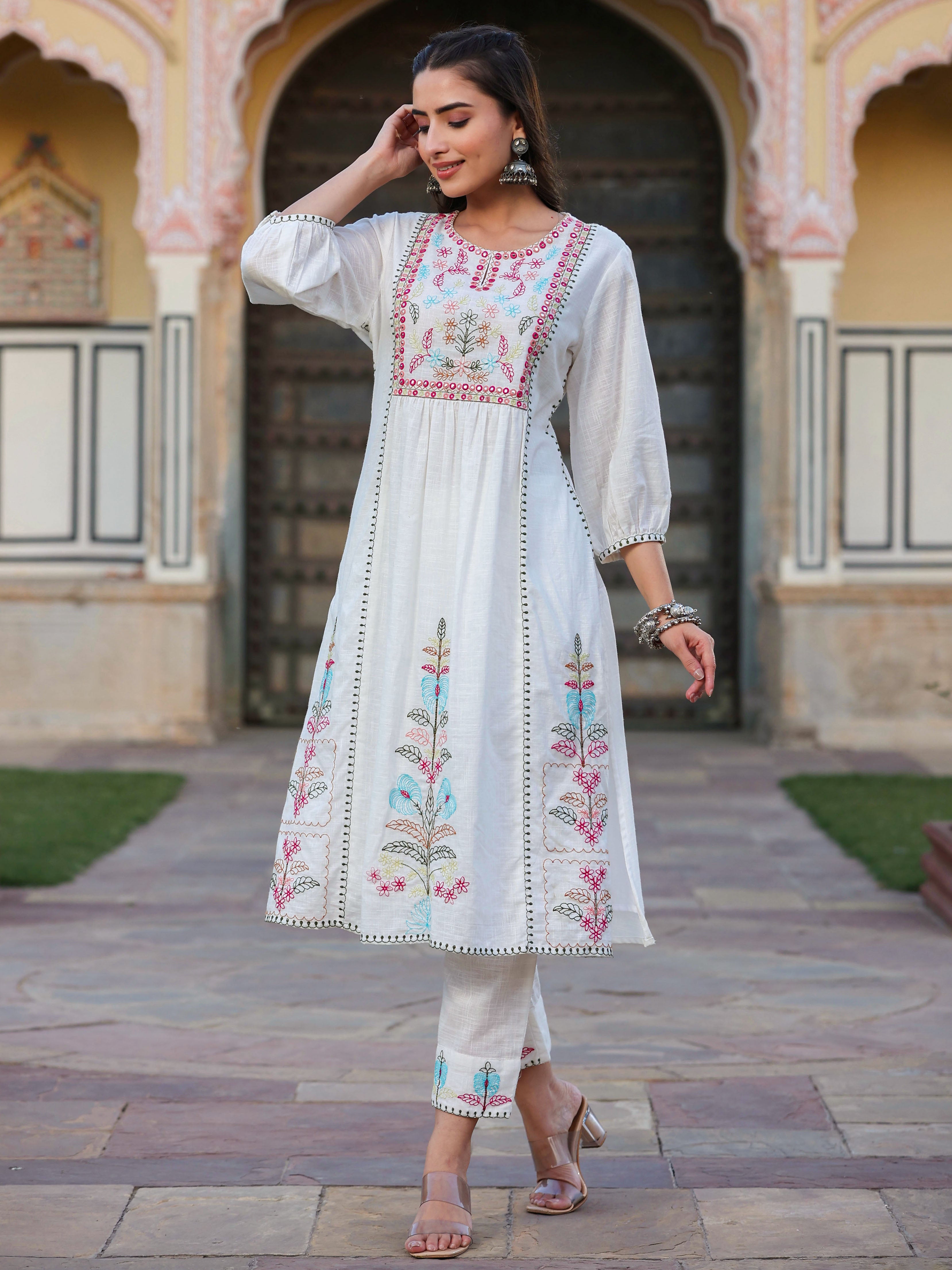 Juniper Women White Cotton Slub Embroidered Kurta & Pant Set