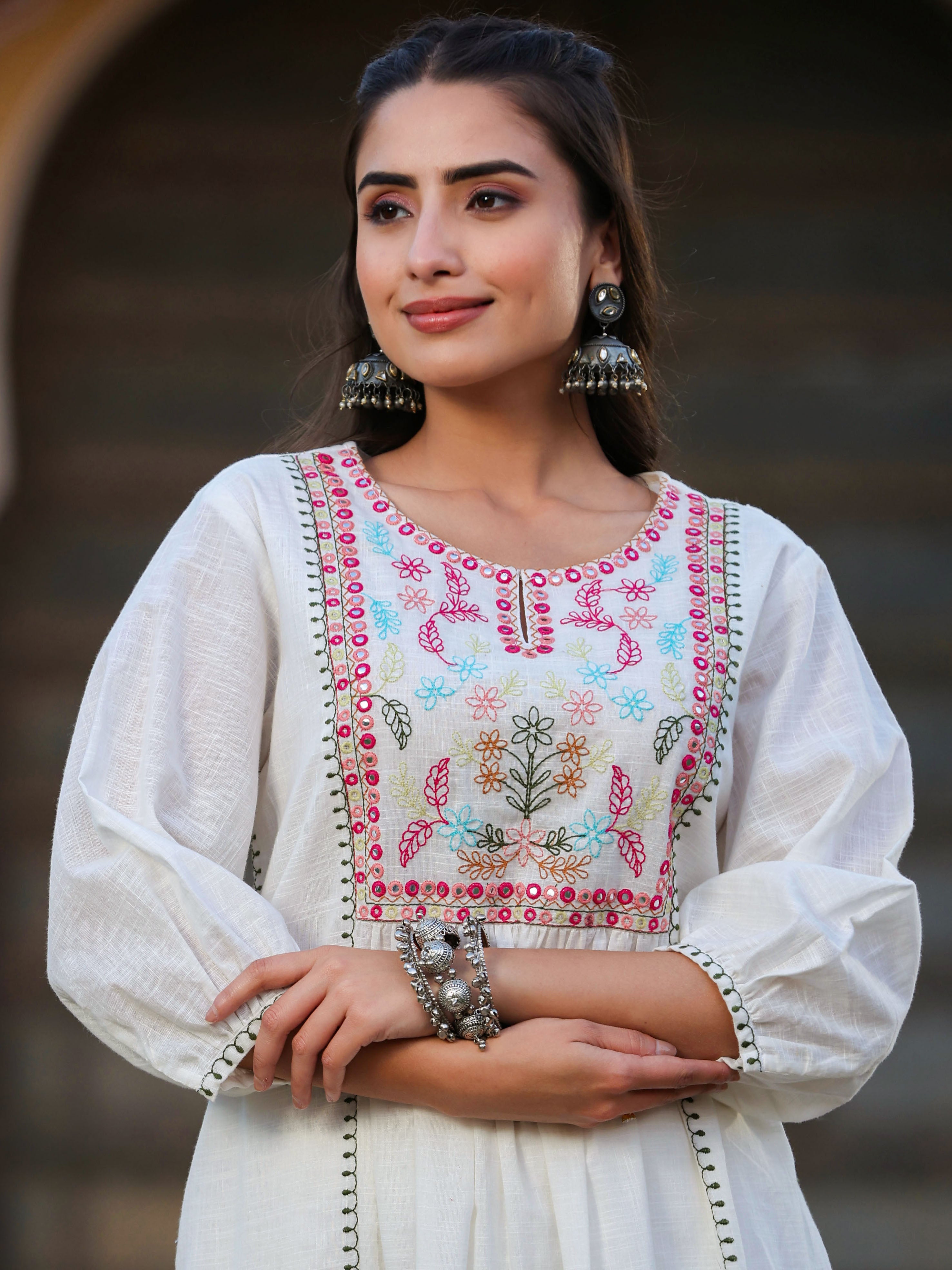 Juniper Women White Cotton Slub Embroidered Kurta & Pant Set