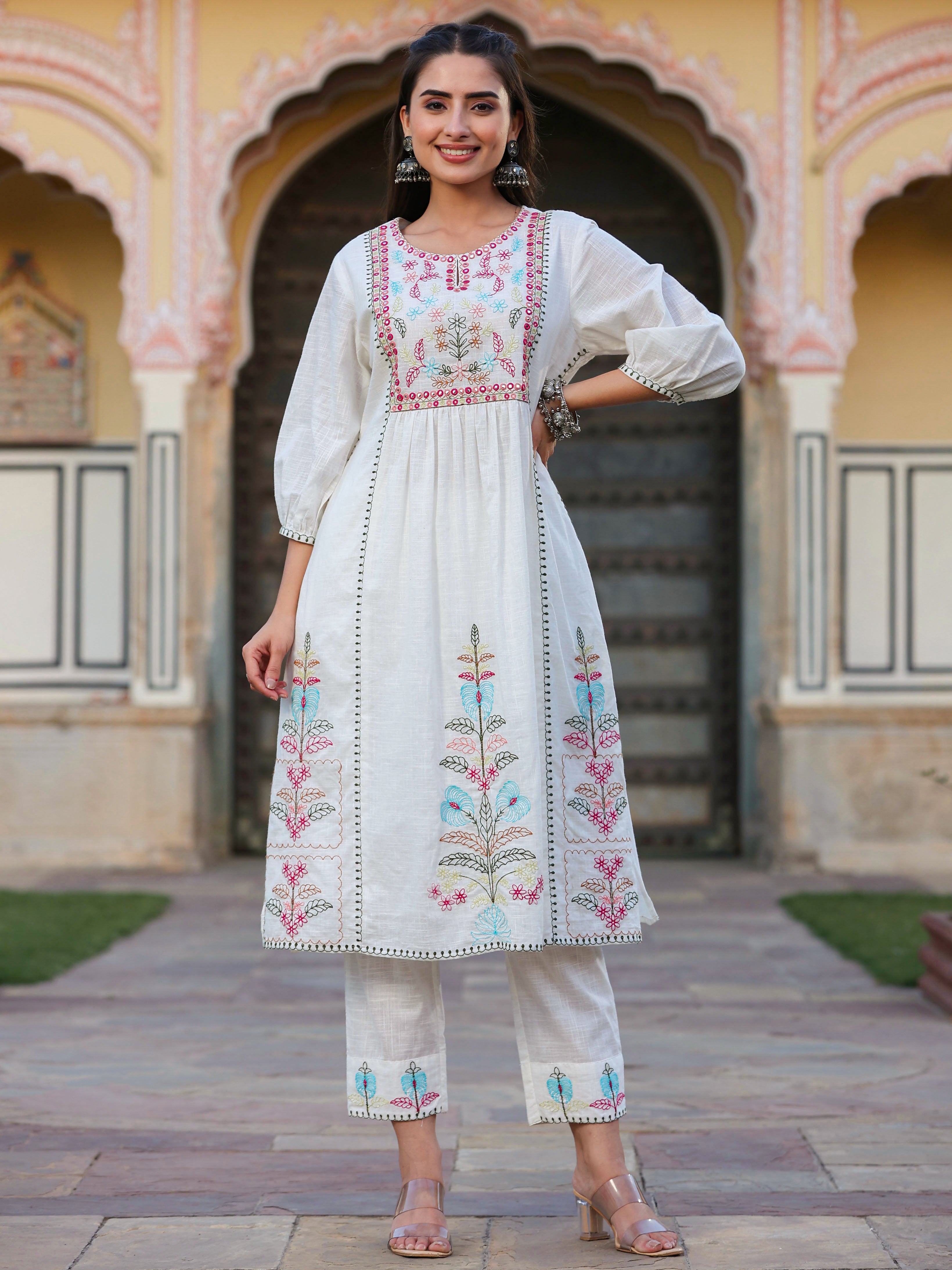 Juniper Women White Cotton Slub Embroidered Kurta & Pant Set