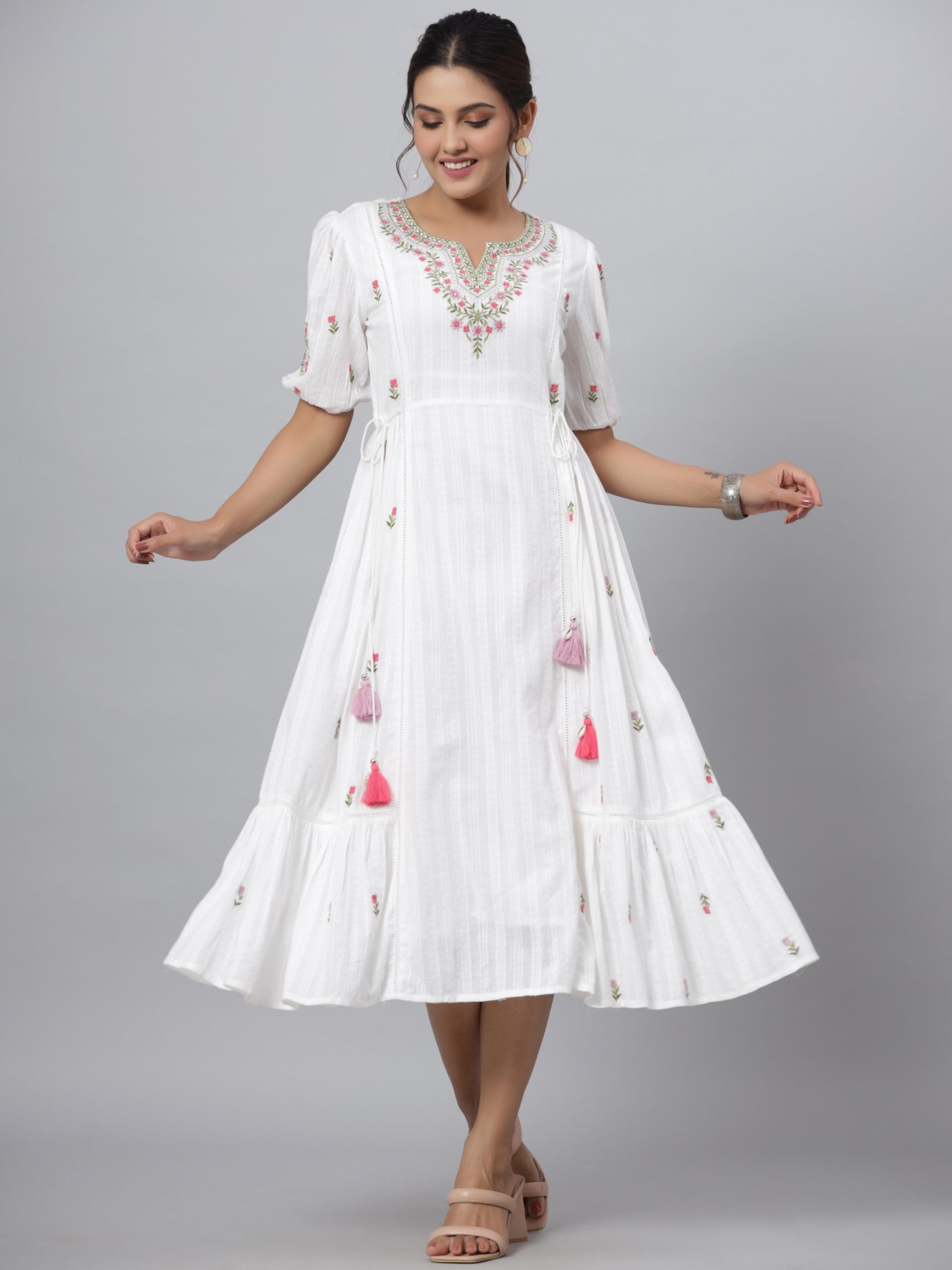 Juniper Women White Cotton Dobby Embroidered Flared Maxi Dress
