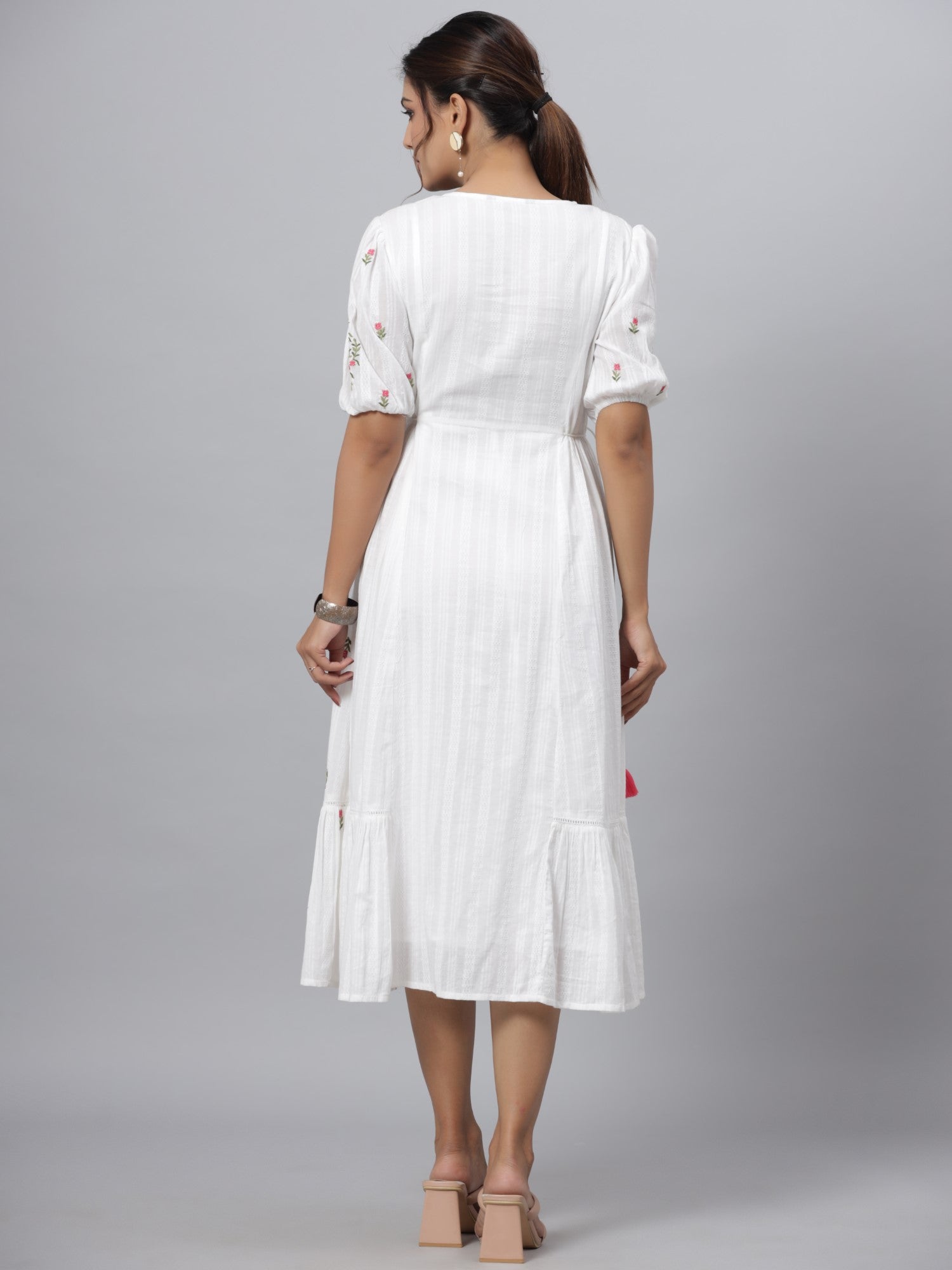 Juniper Women White Cotton Dobby Embroidered Flared Maxi Dress