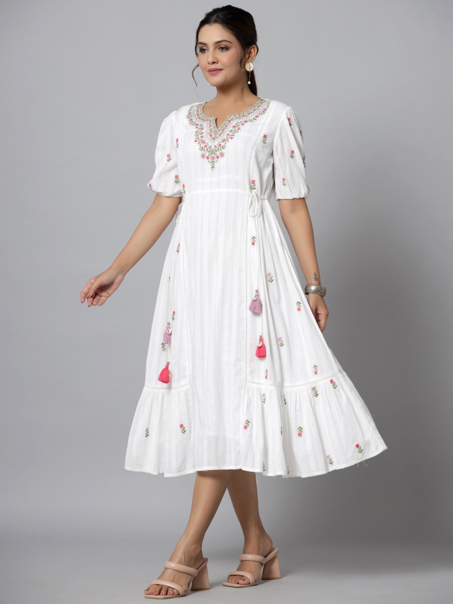 Juniper Women White Cotton Dobby Embroidered Flared Maxi Dress