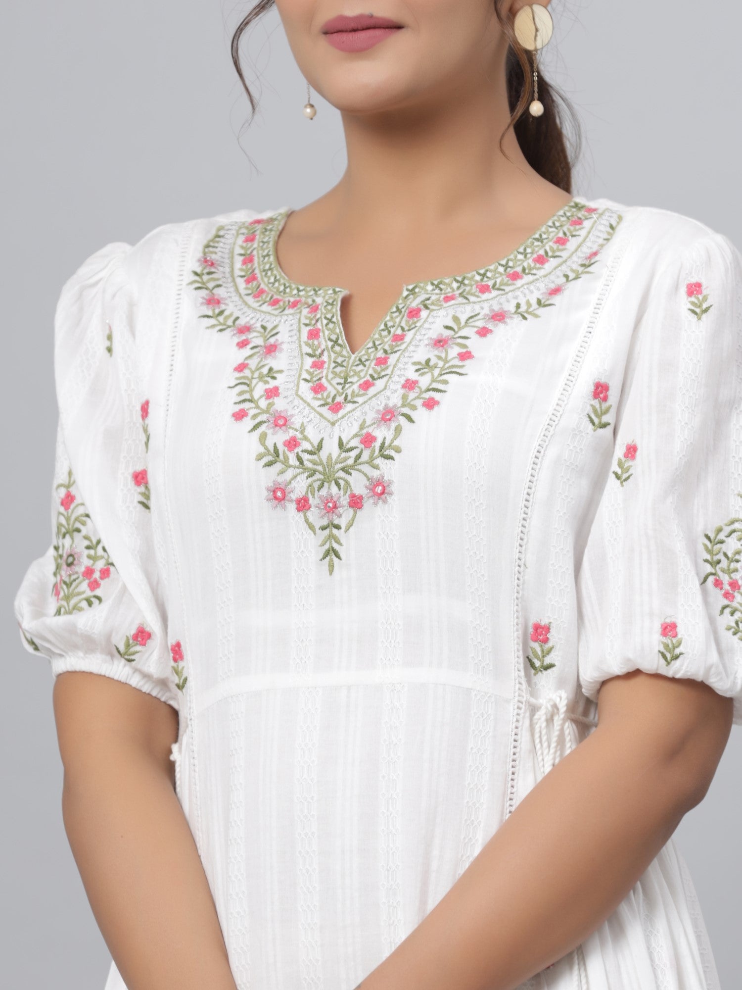Juniper Women White Cotton Dobby Embroidered Flared Maxi Dress