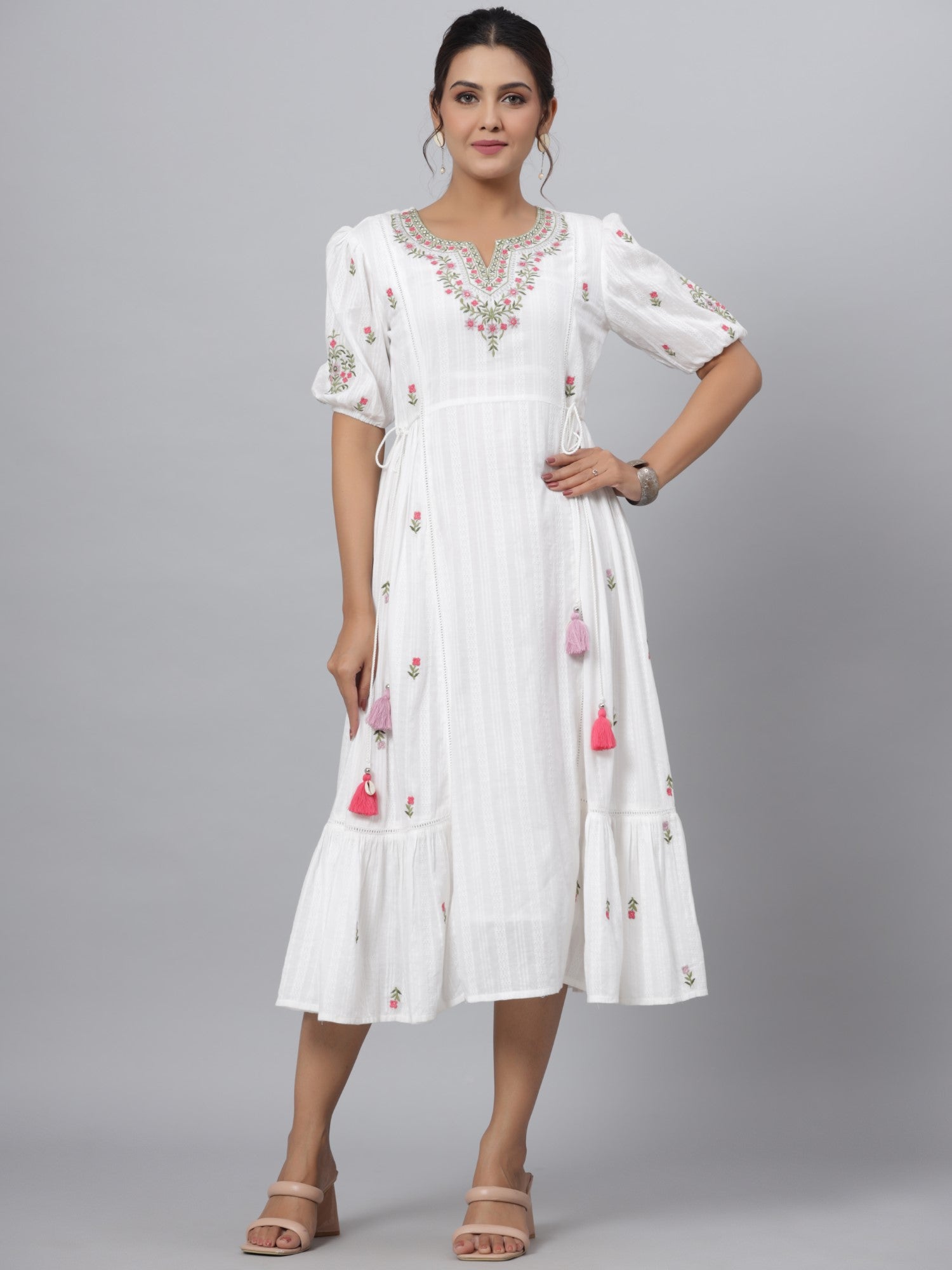 Juniper Women White Cotton Dobby Embroidered Flared Maxi Dress