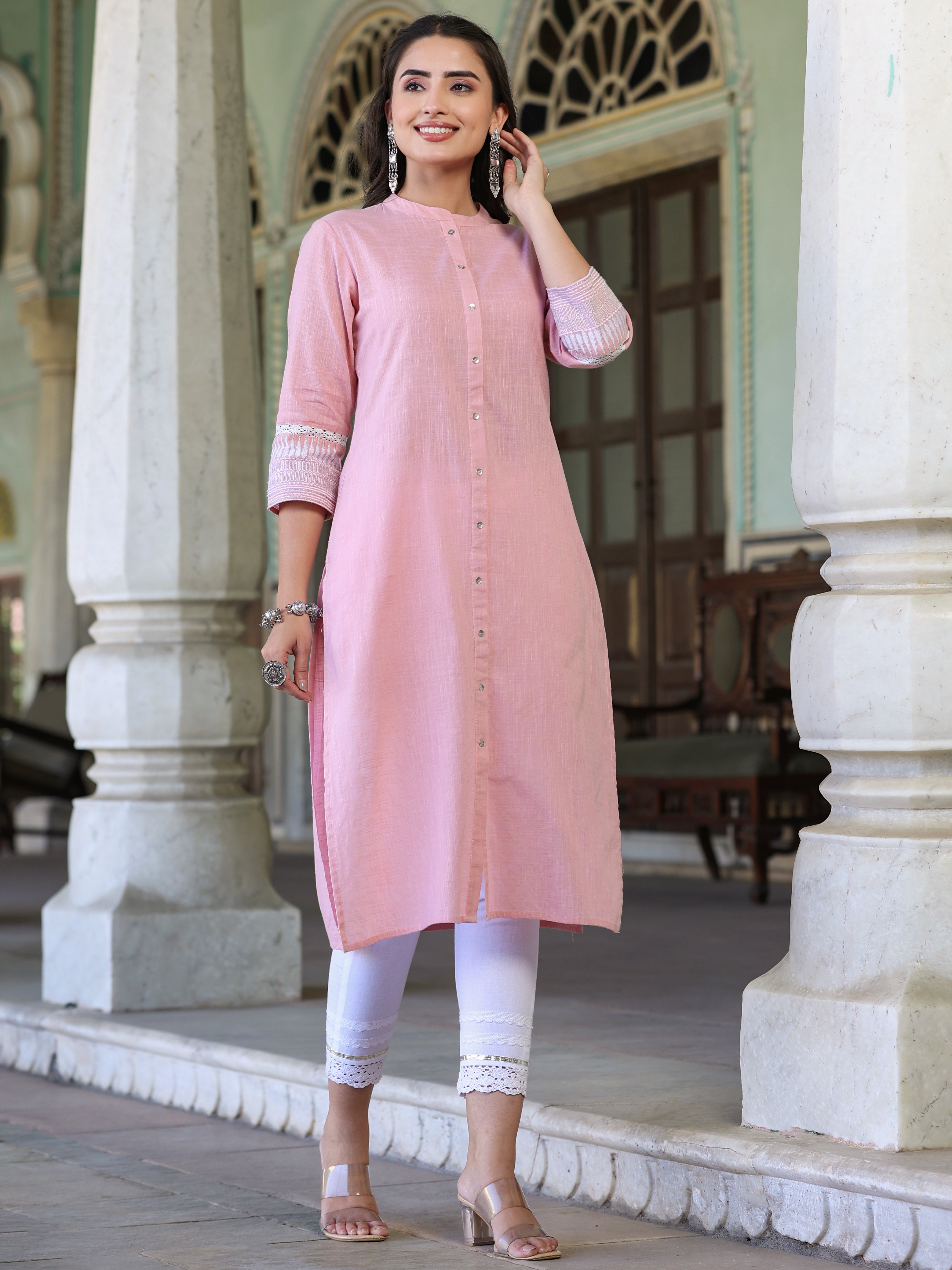 Juniper Women’s Pink Cotton Slub Solid Straight Kurta