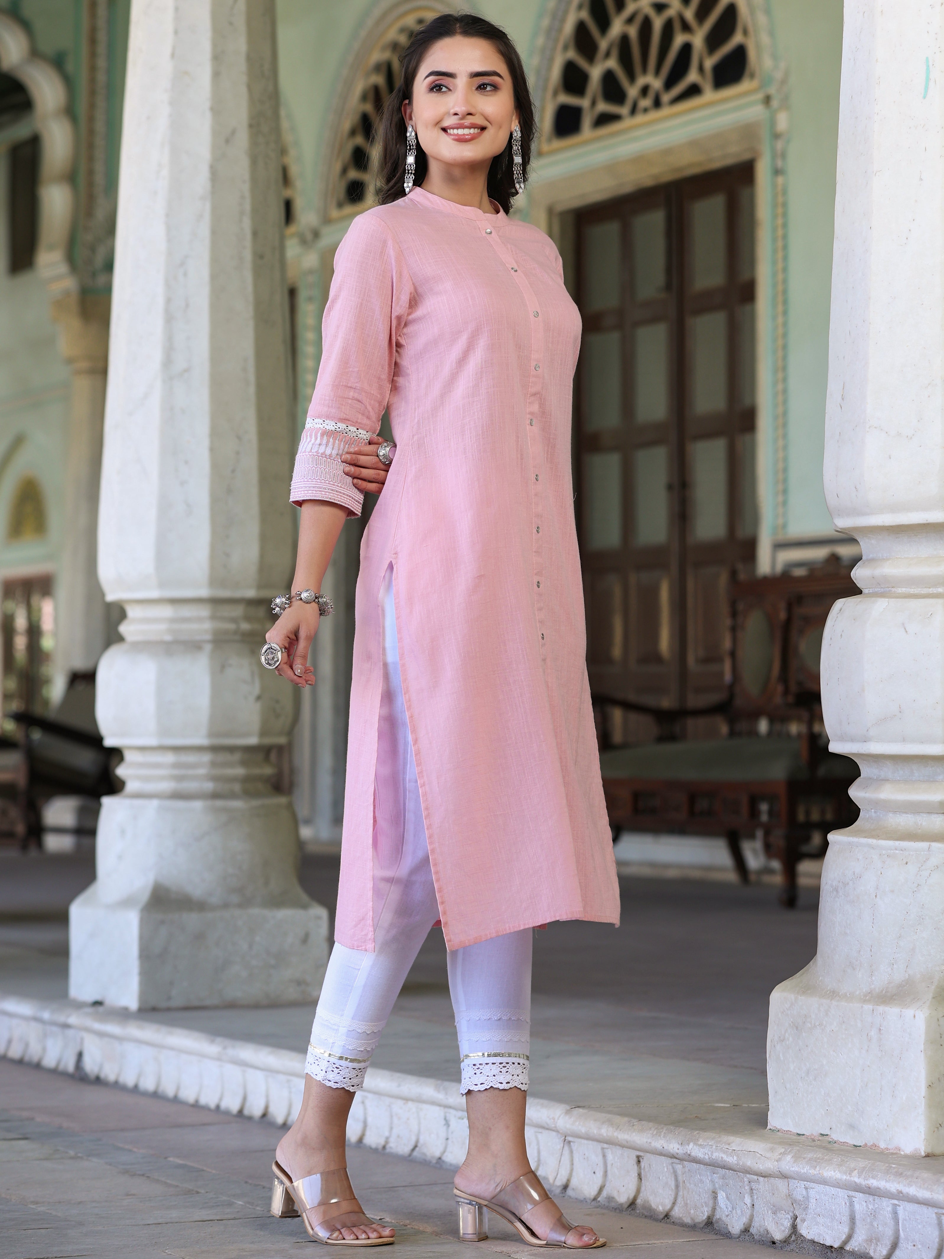Juniper Women’s Pink Cotton Slub Solid Straight Kurta