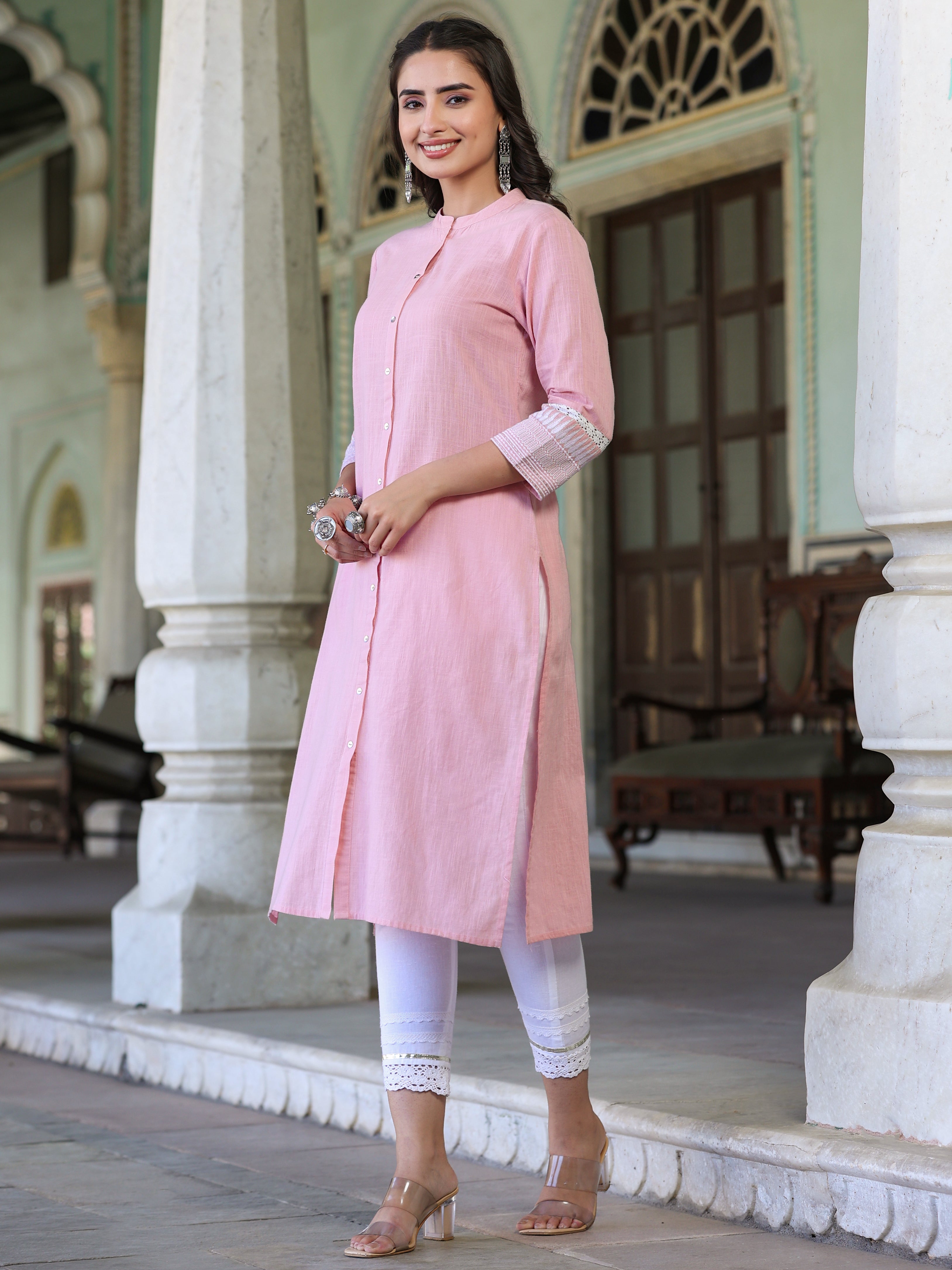 Juniper Women’s Pink Cotton Slub Solid Straight Kurta