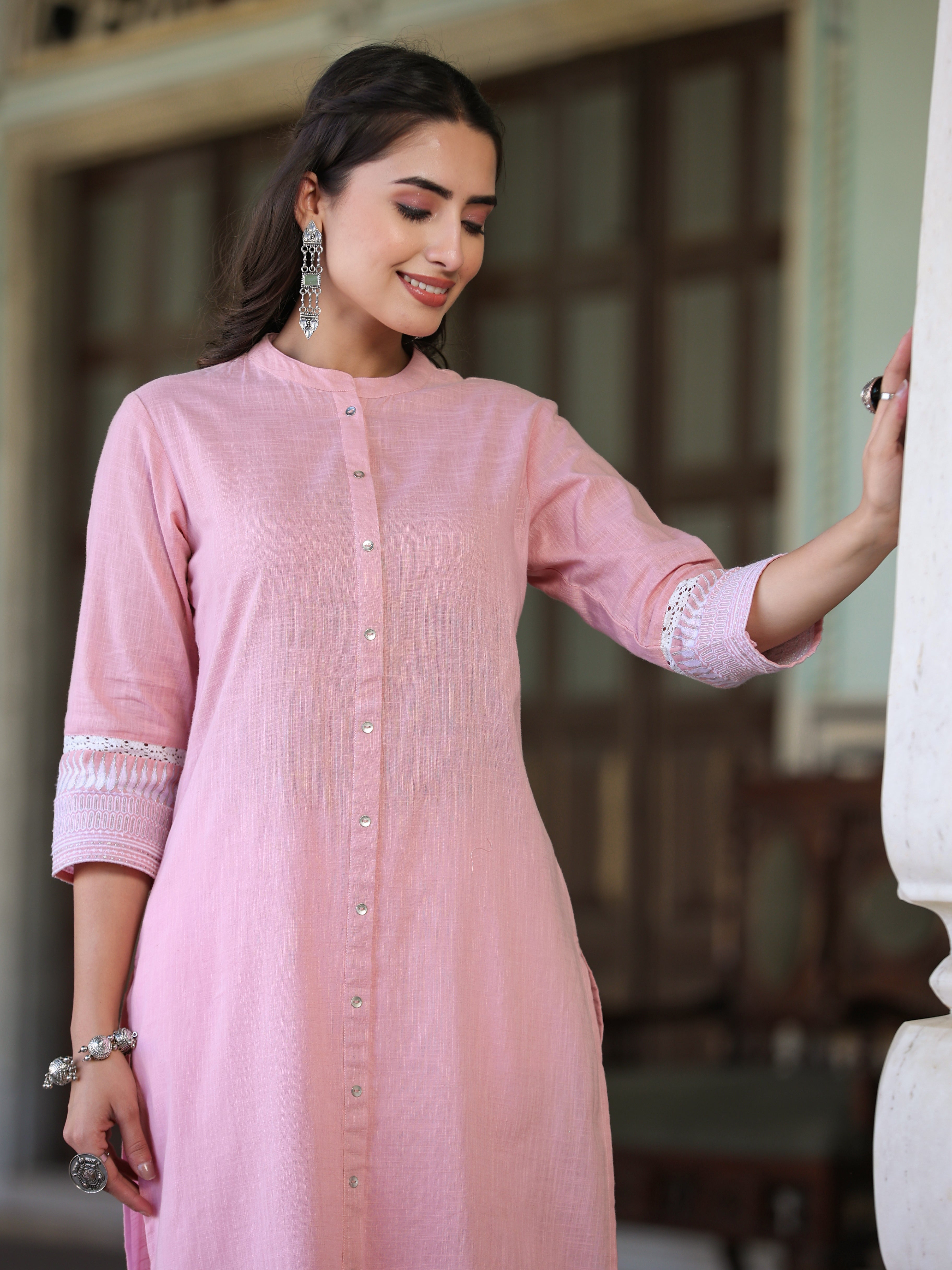 Juniper Women’s Pink Cotton Slub Solid Straight Kurta