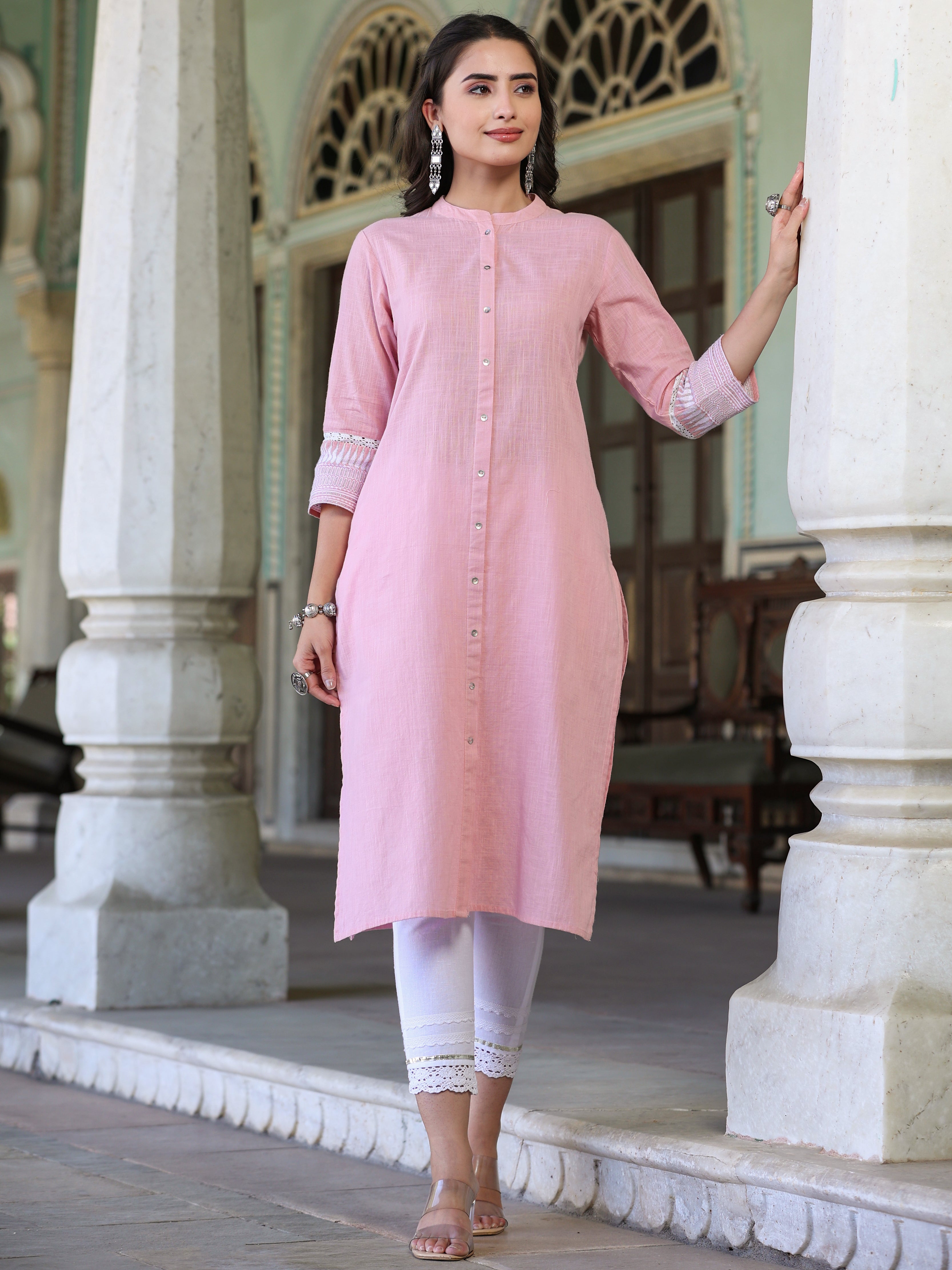 Juniper Women’s Pink Cotton Slub Solid Straight Kurta
