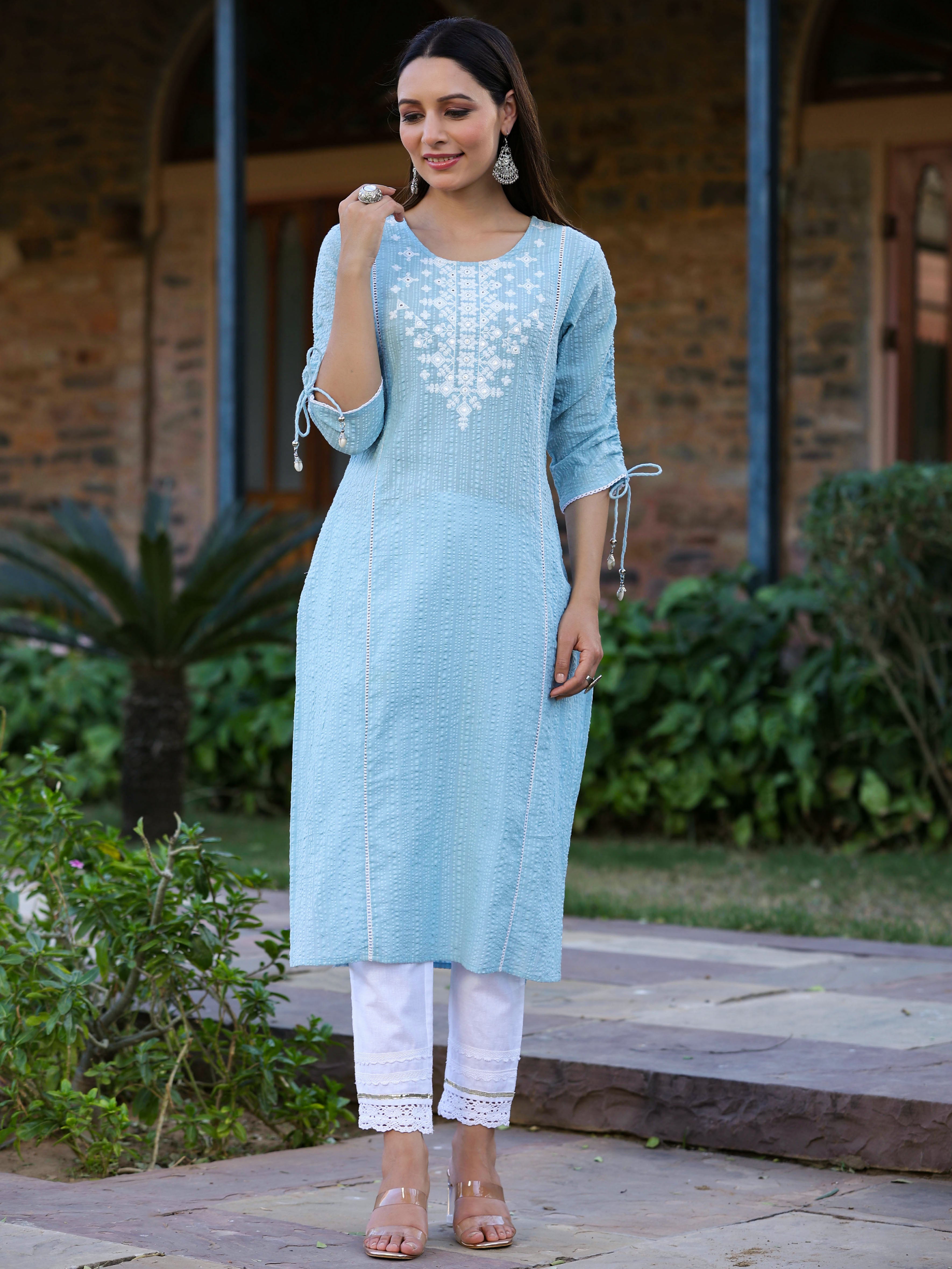 Juniper Women's Blue Sheer Sucker Embroidered Straight Kurta