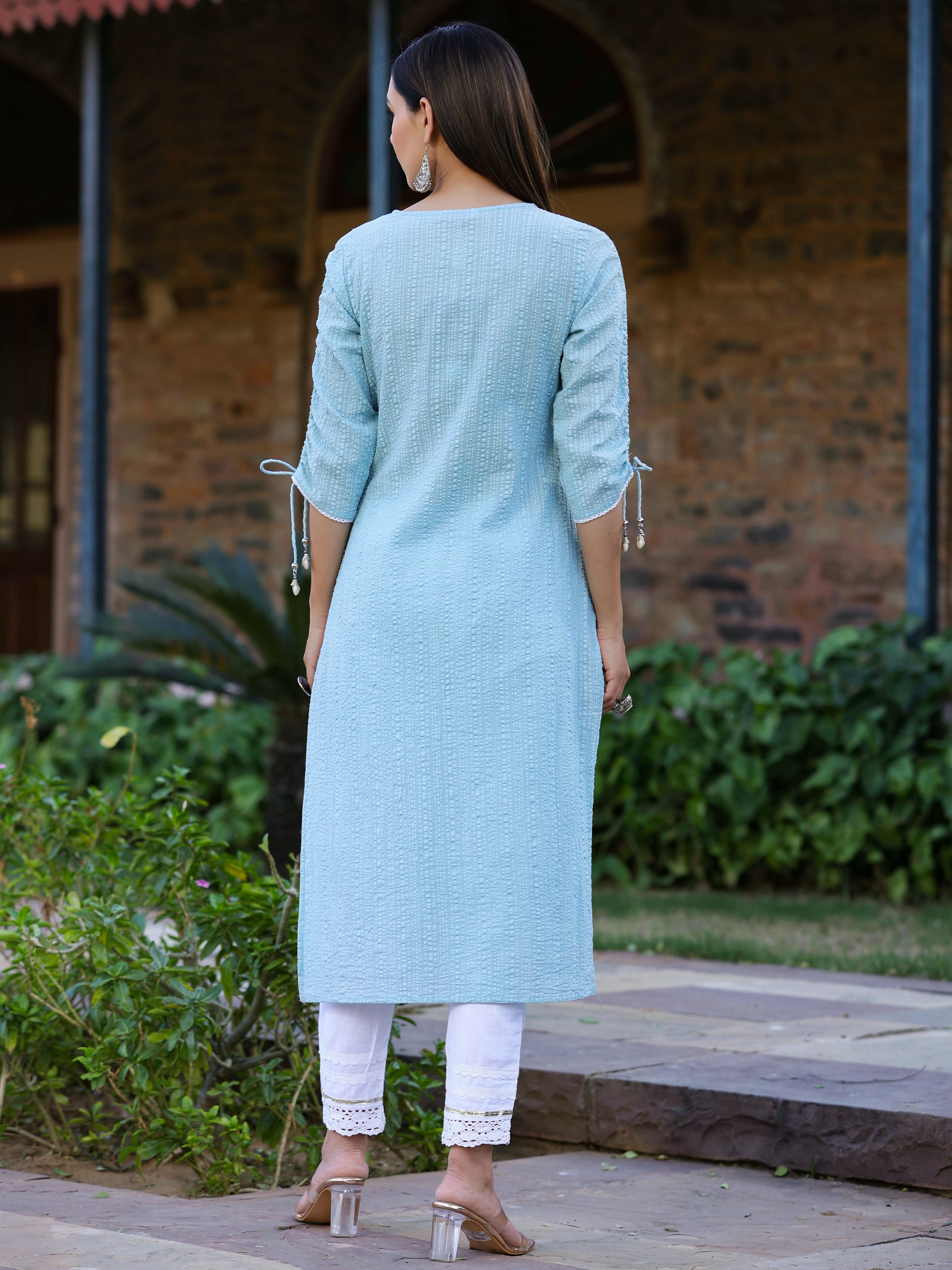 Juniper Women's Blue Sheer Sucker Embroidered Straight Kurta