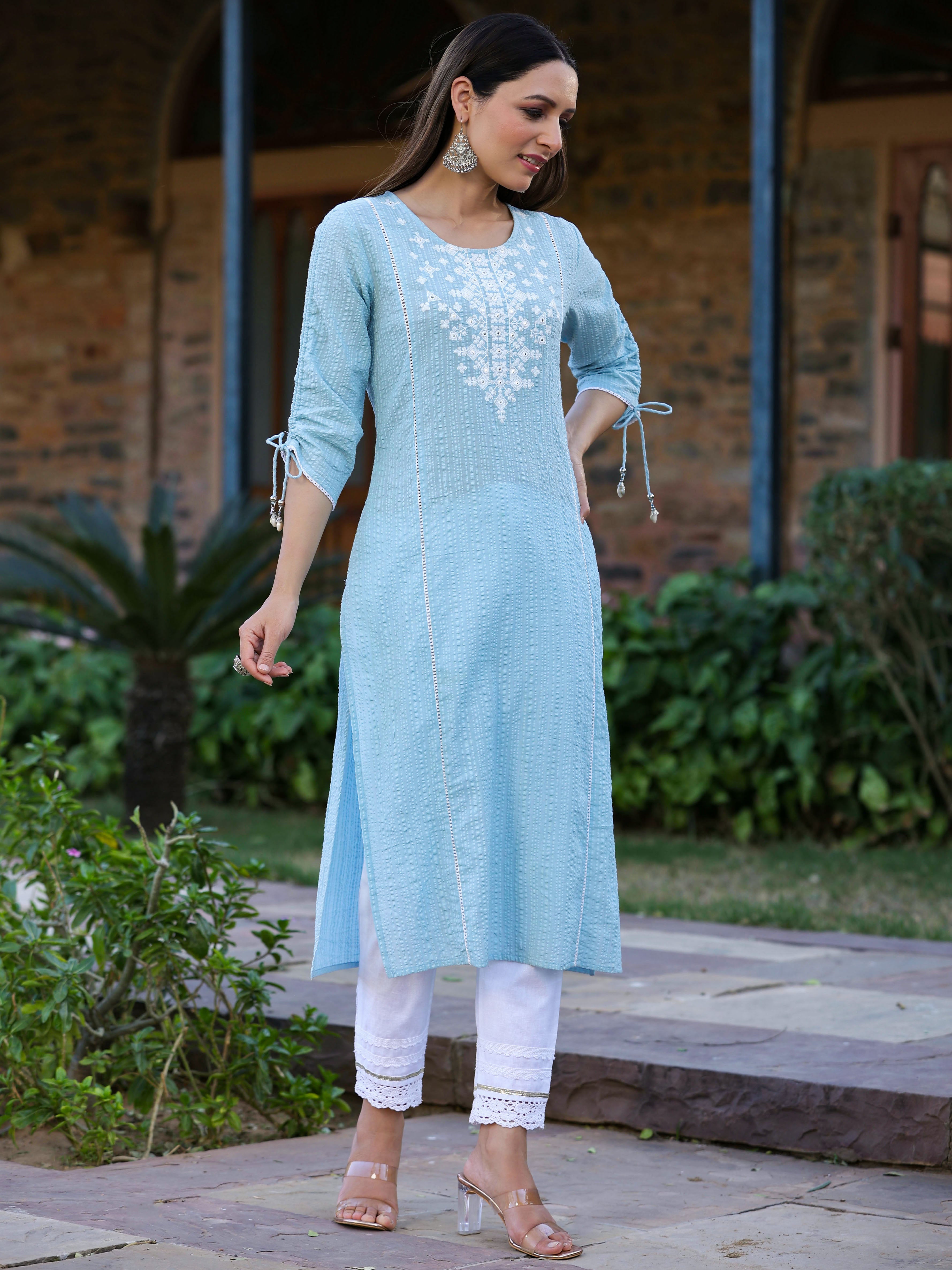 Juniper Women's Blue Sheer Sucker Embroidered Straight Kurta
