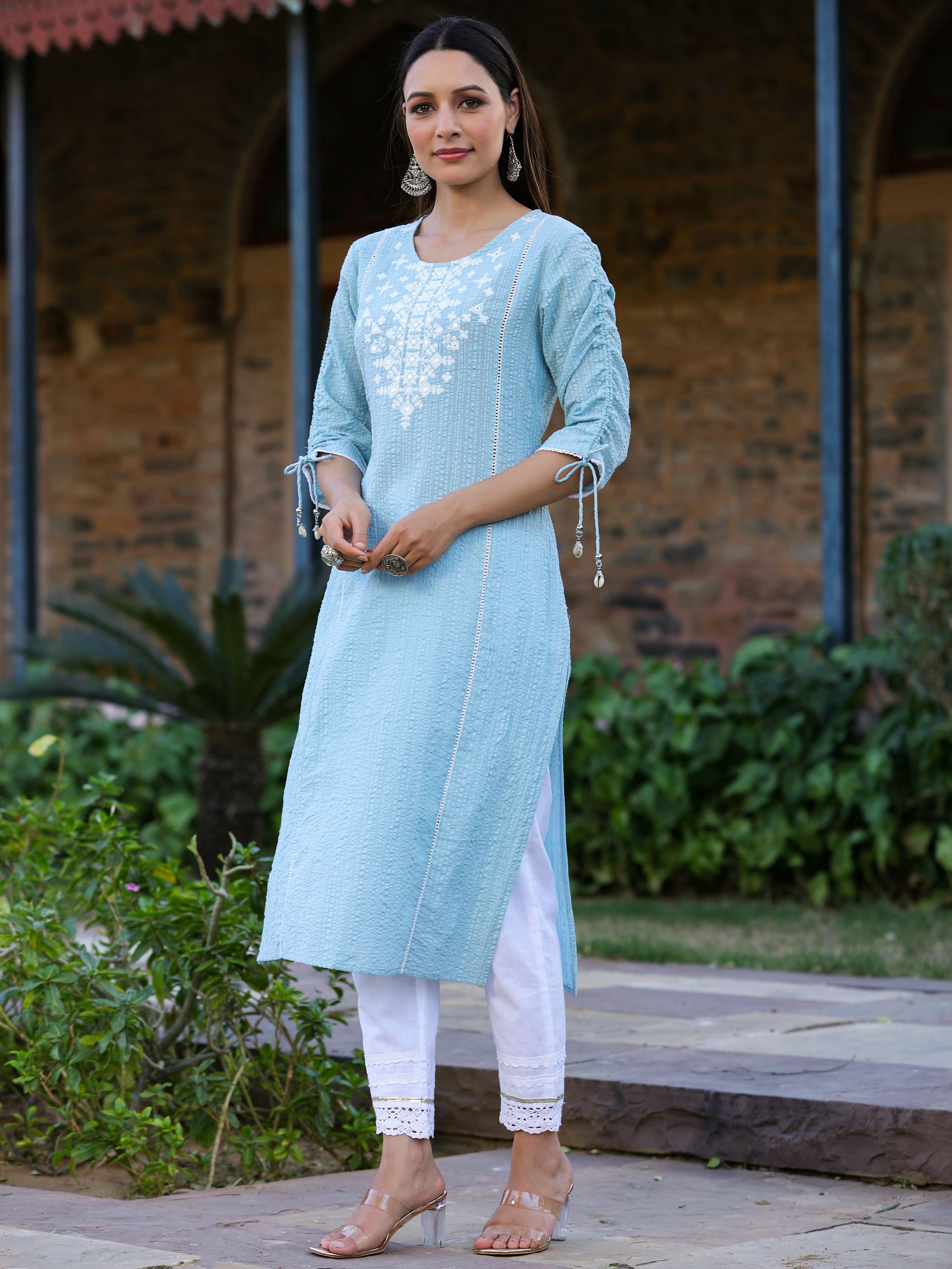 Juniper Women's Blue Sheer Sucker Embroidered Straight Kurta