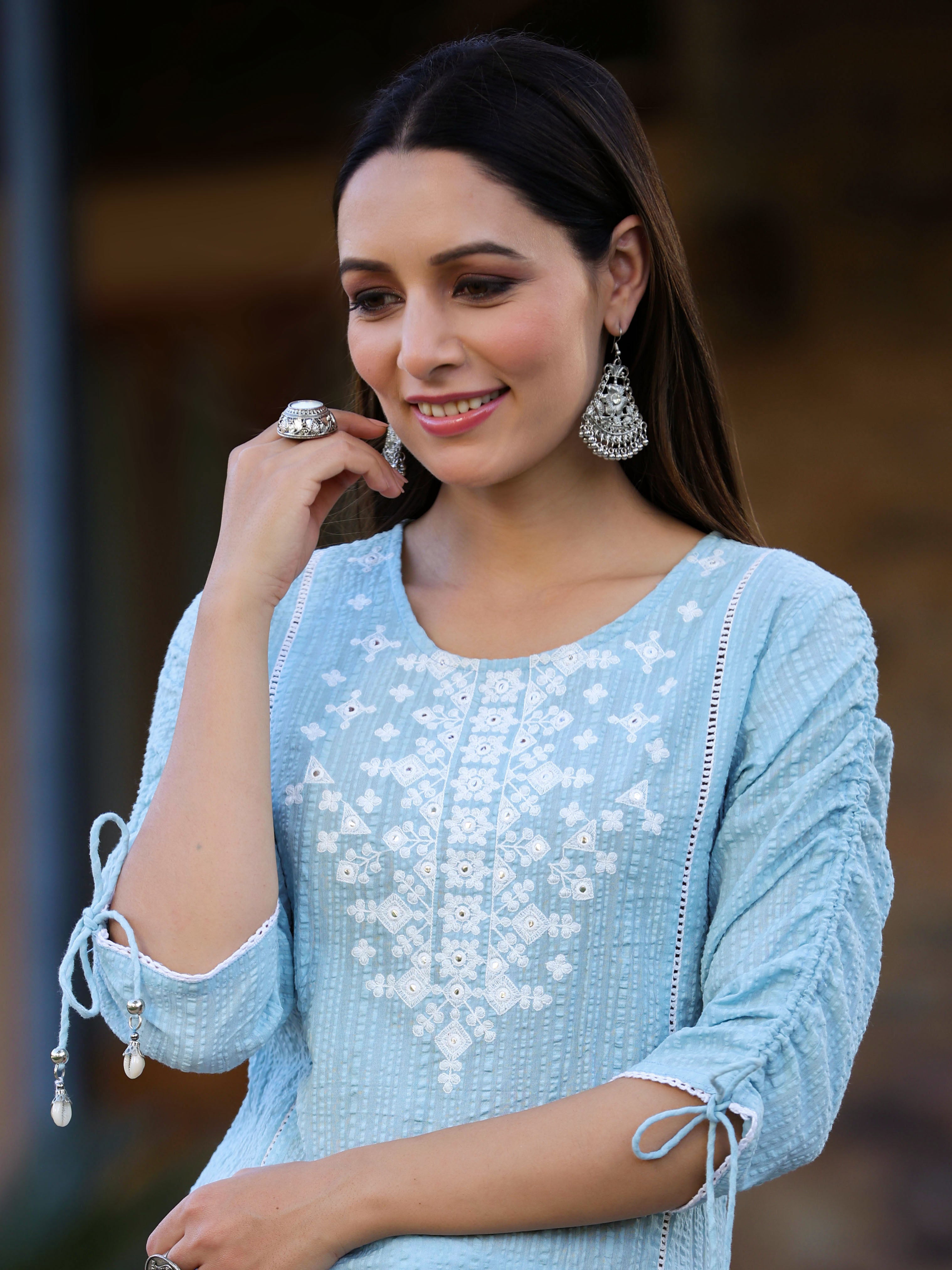 Juniper Women's Blue Sheer Sucker Embroidered Straight Kurta