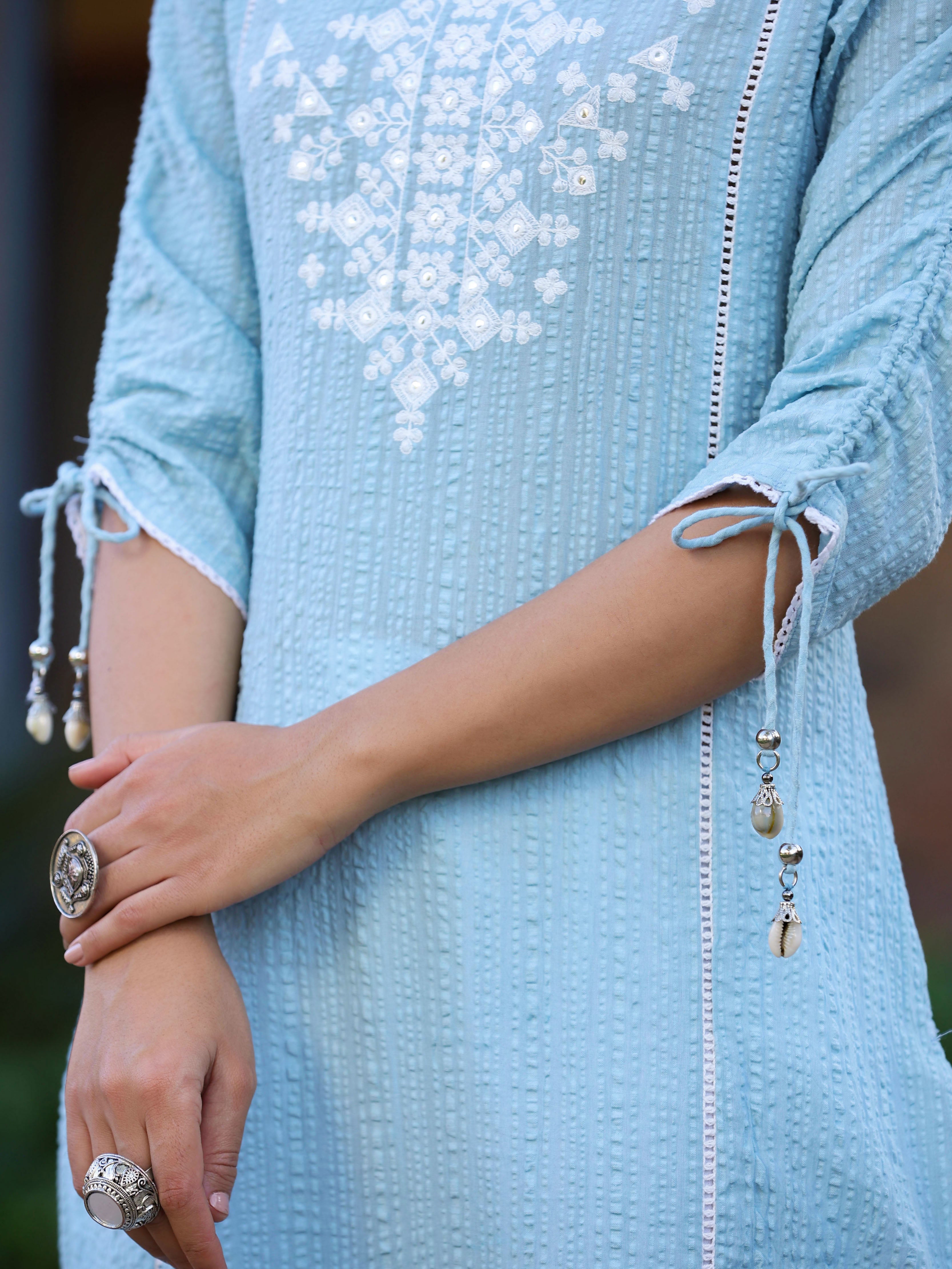 Juniper Women's Blue Sheer Sucker Embroidered Straight Kurta