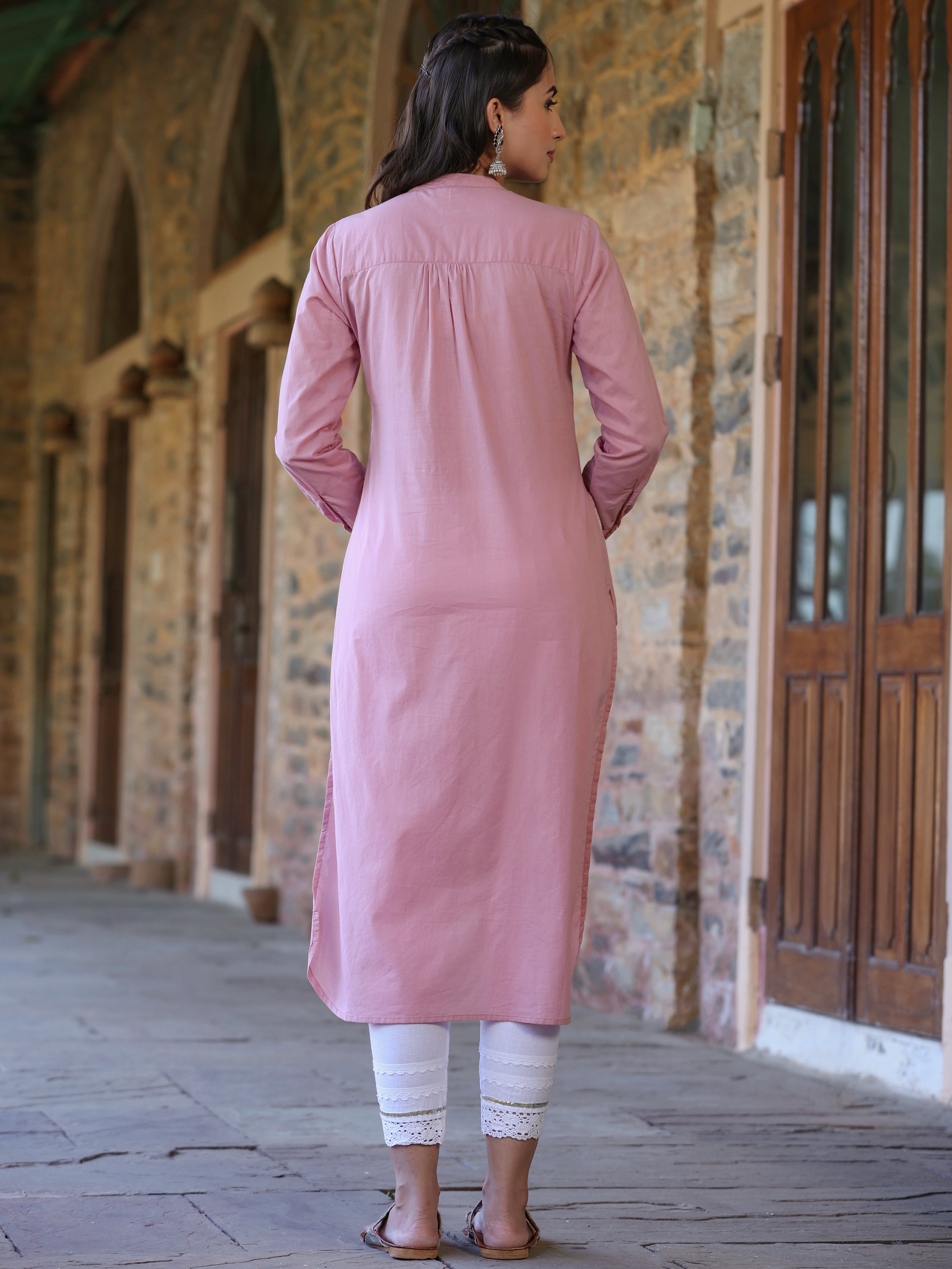 Juniper Women's Pink Cambric Embroidered Straight Kurta