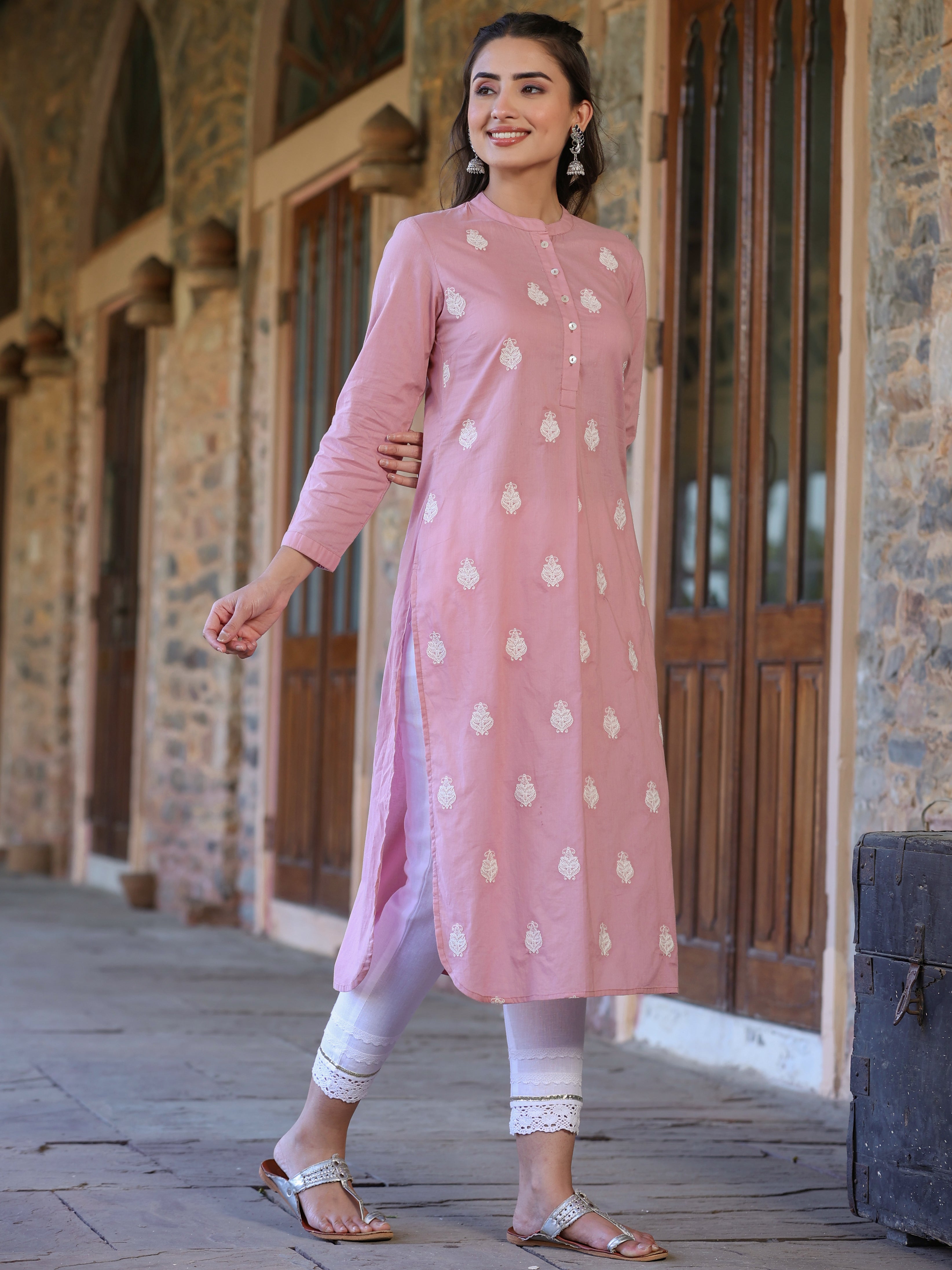 Juniper Women's Pink Cambric Embroidered Straight Kurta
