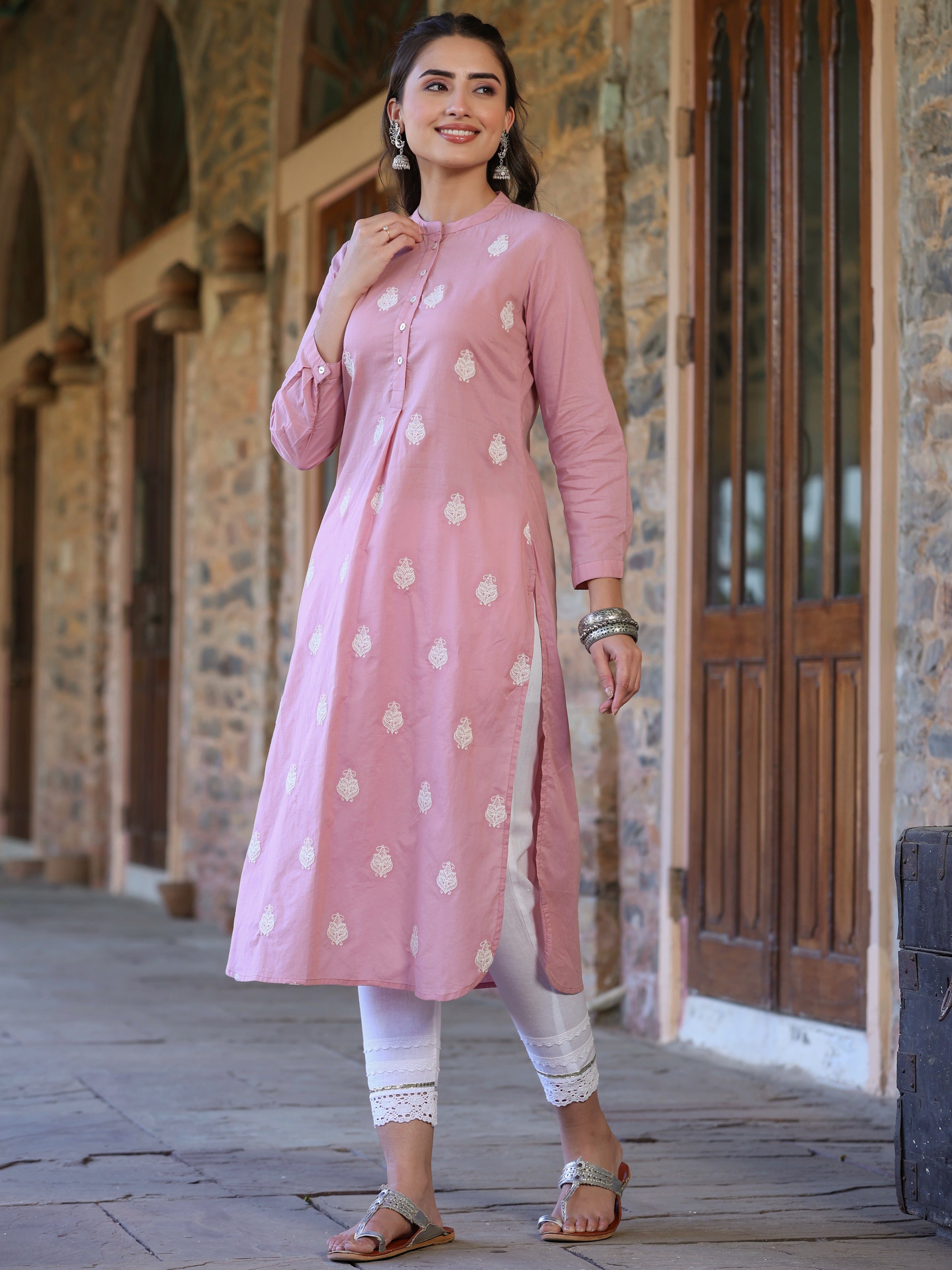 Juniper Women's Pink Cambric Embroidered Straight Kurta