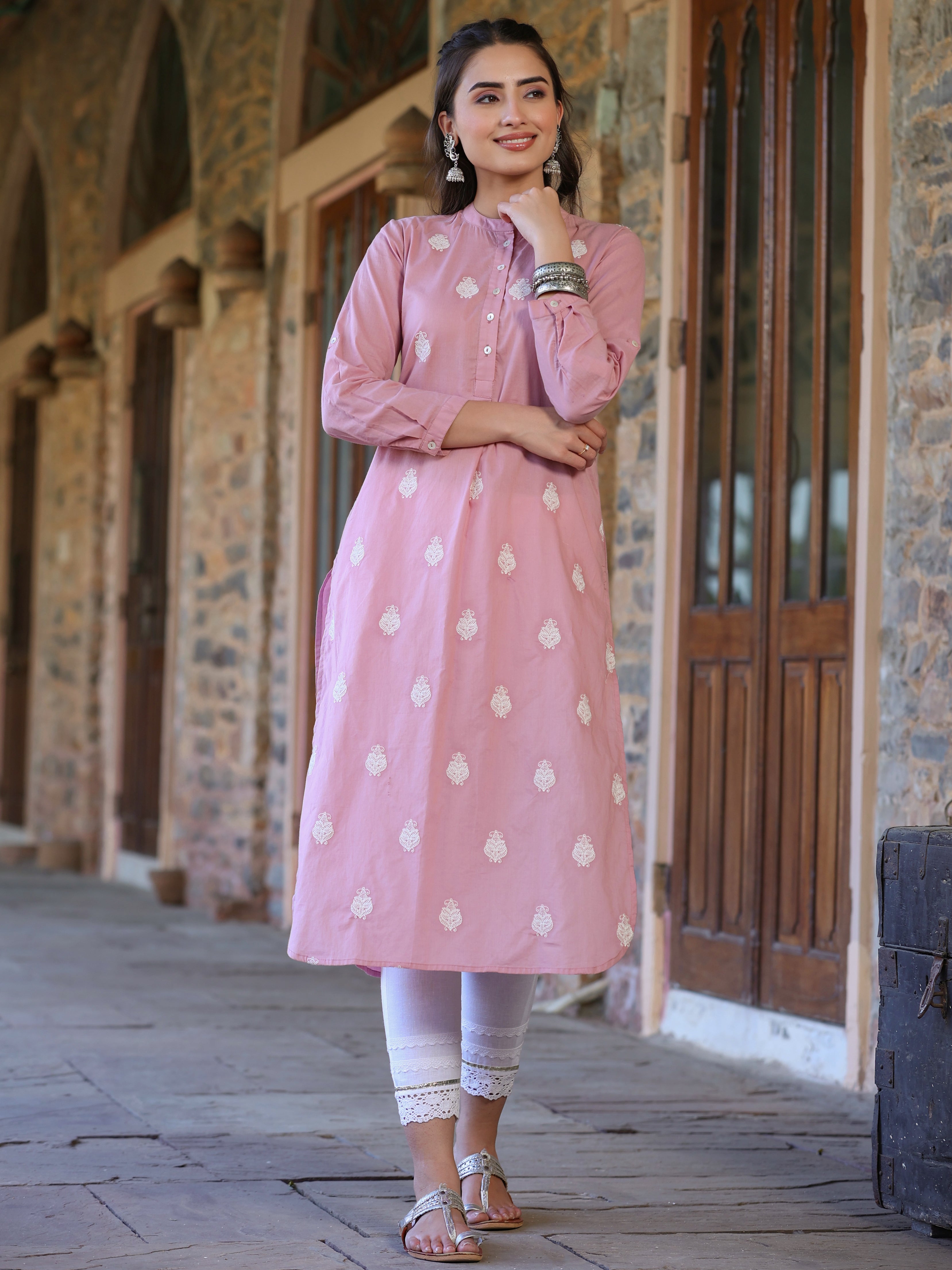 Juniper Women's Pink Cambric Embroidered Straight Kurta