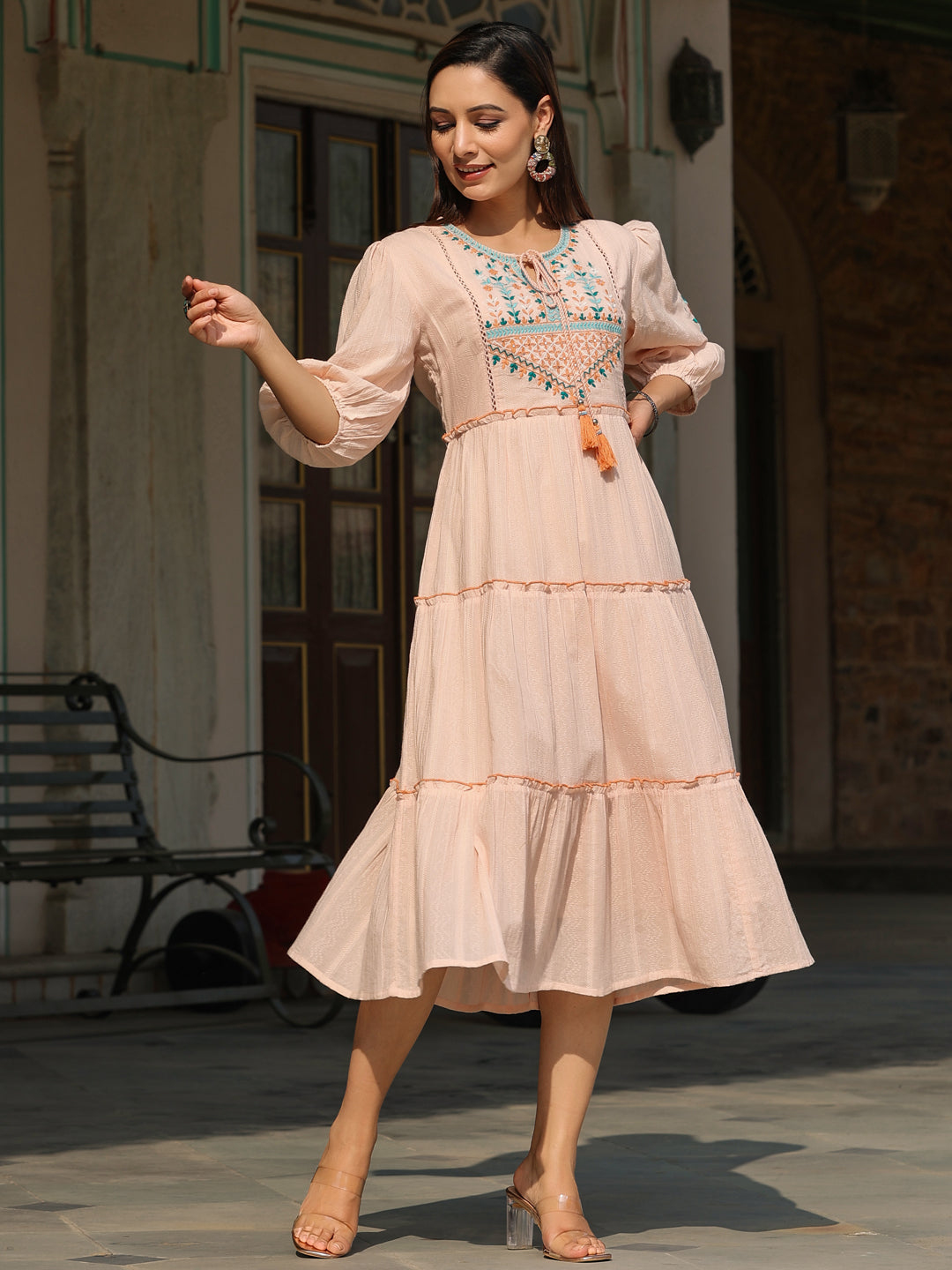 Juniper Women Peach Cotton Dobby Embroidered Tiered Maxi Dress
