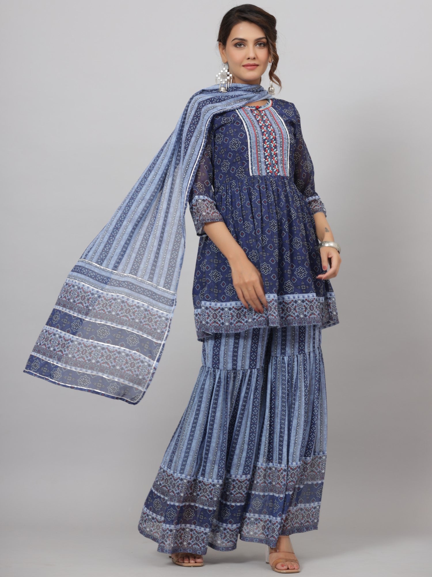 Juniper Women Navy Blue Georgette Geometric Printed Kurta, Sharara & Dupatta Set