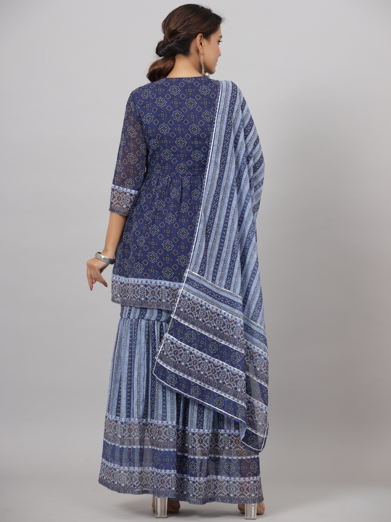 Juniper Women Navy Blue Georgette Geometric Printed Kurta, Sharara & Dupatta Set