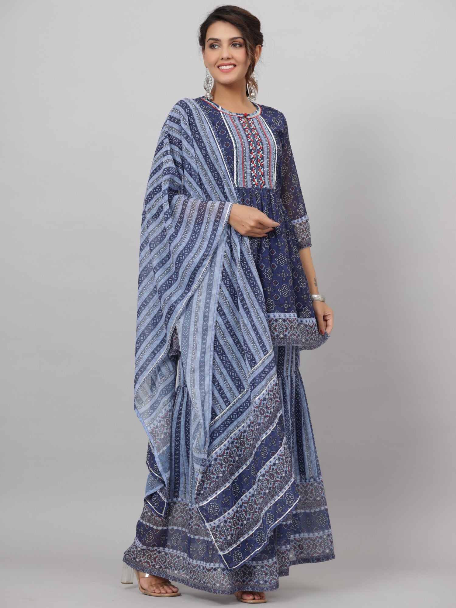 Juniper Women Navy Blue Georgette Geometric Printed Kurta, Sharara & Dupatta Set