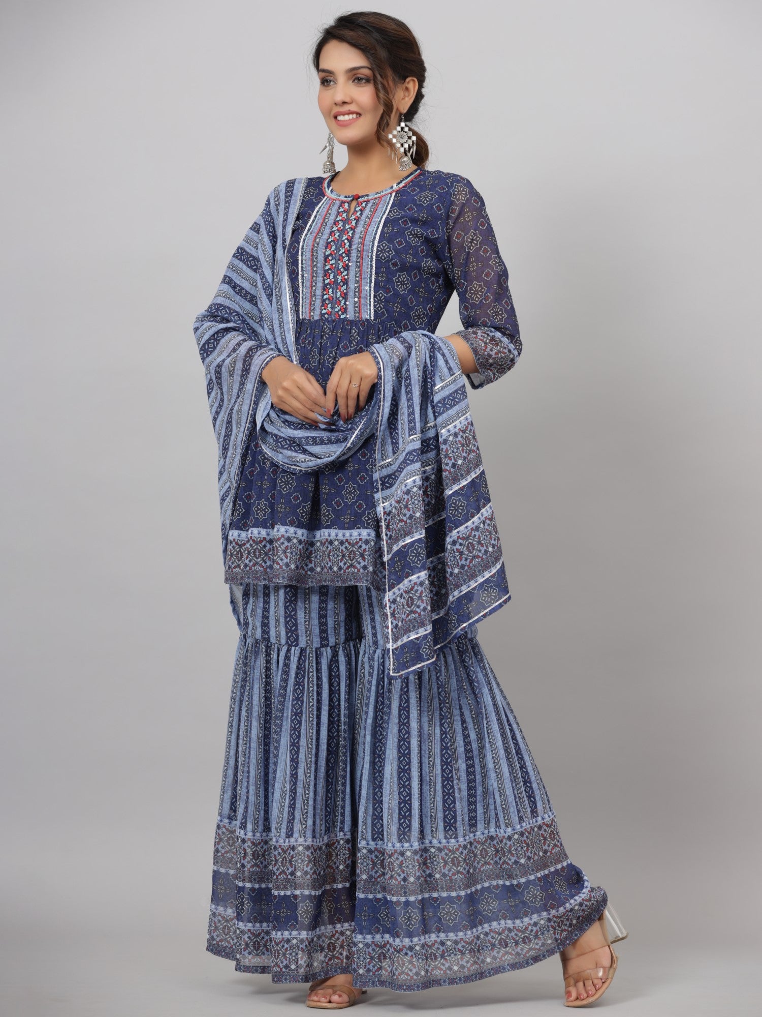 Juniper Women Navy Blue Georgette Geometric Printed Kurta, Sharara & Dupatta Set