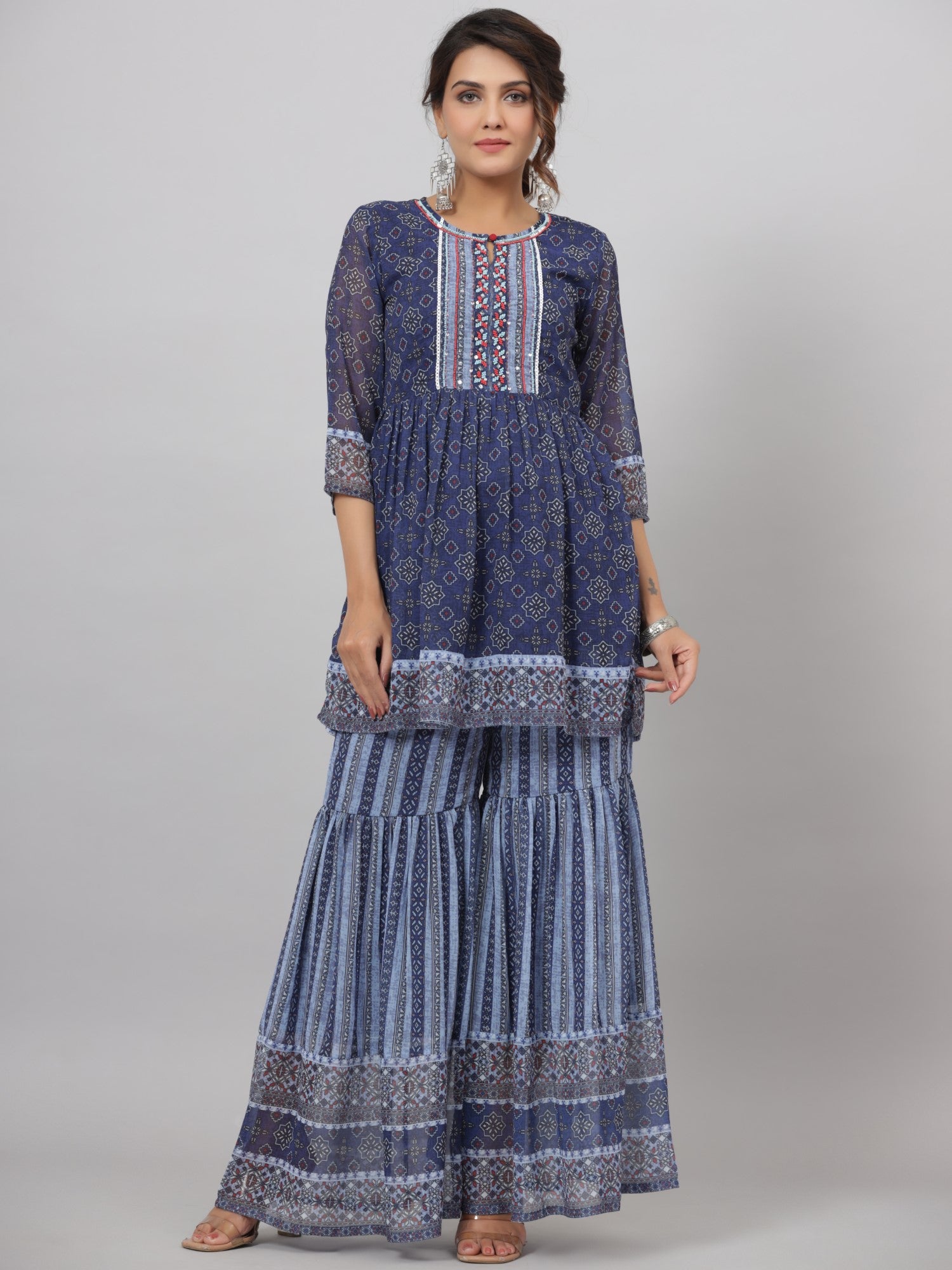 Juniper Women Navy Blue Georgette Geometric Printed Kurta, Sharara & Dupatta Set