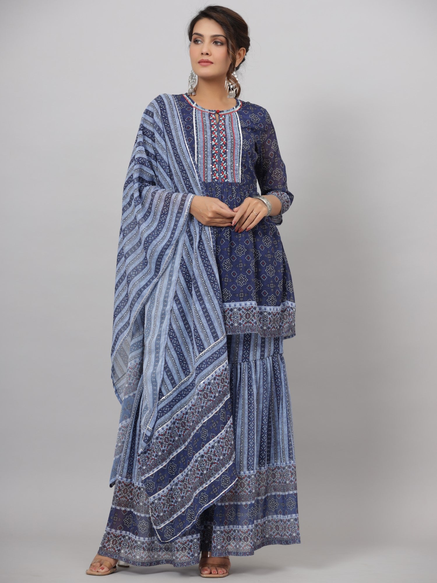 Juniper Women Navy Blue Georgette Geometric Printed Kurta, Sharara & Dupatta Set