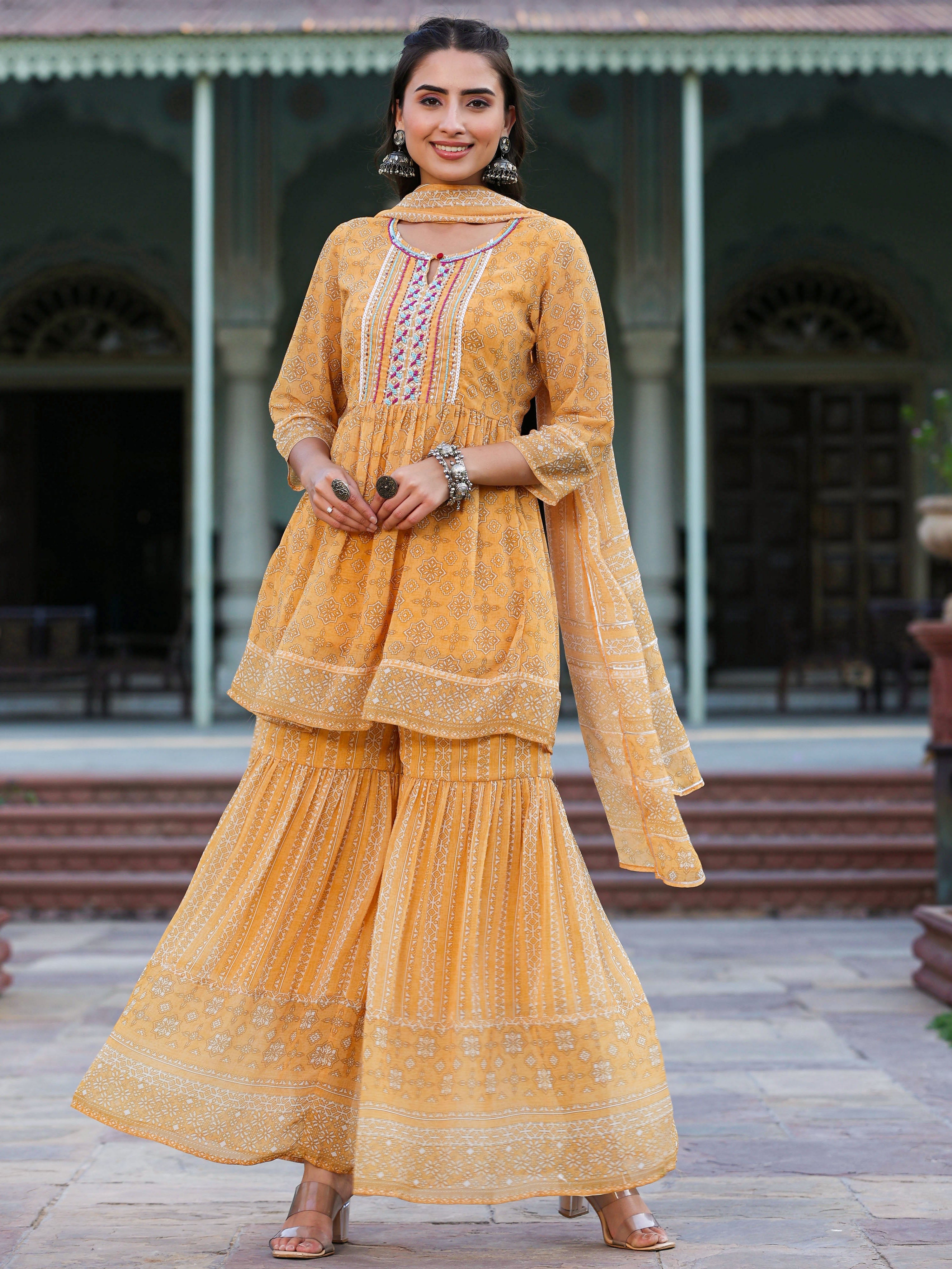 Juniper Women Yellow Georgette Geometric Printed Kurta Sharara & Dupatta Set