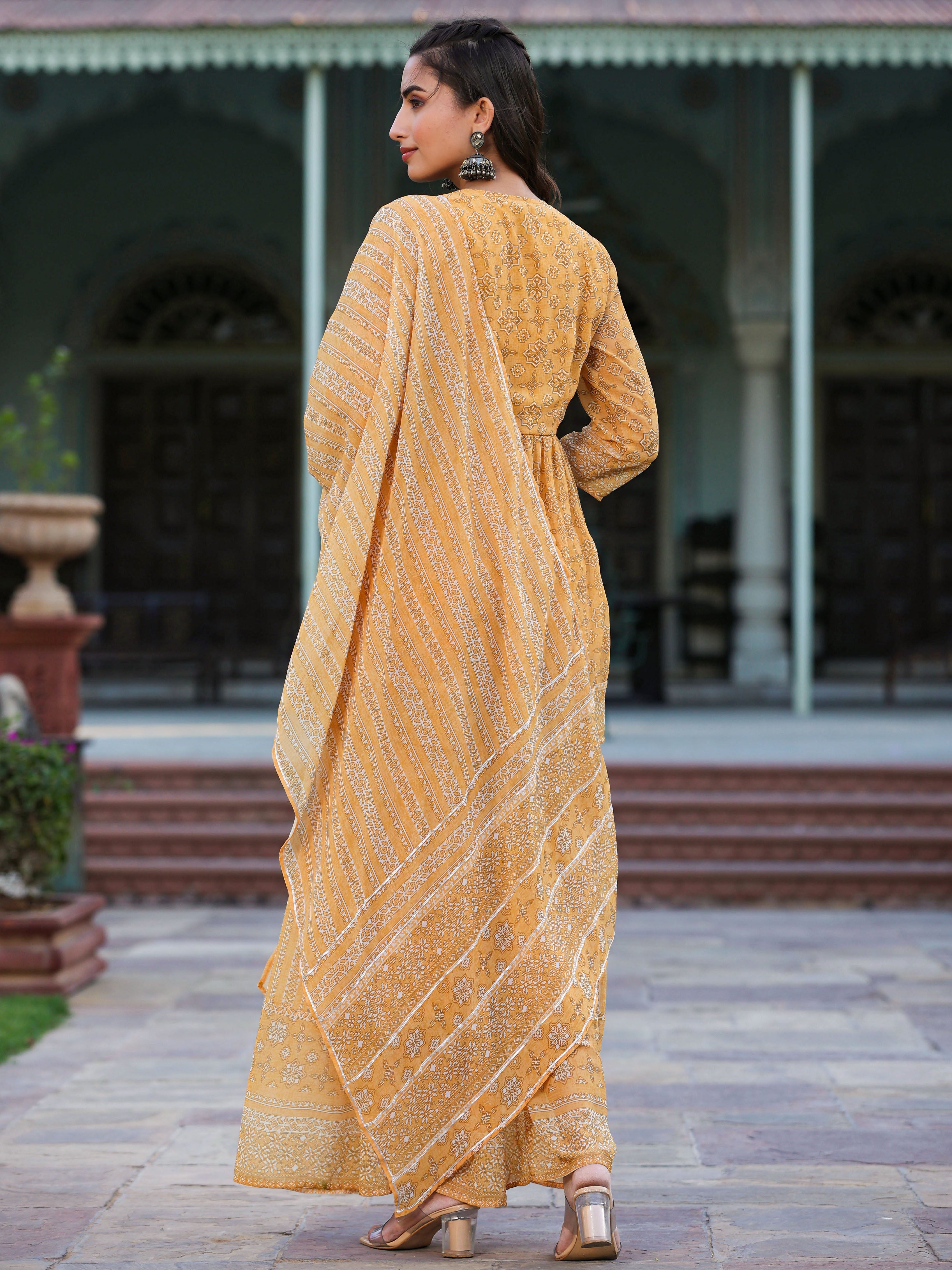 Juniper Women Yellow Georgette Geometric Printed Kurta Sharara & Dupatta Set