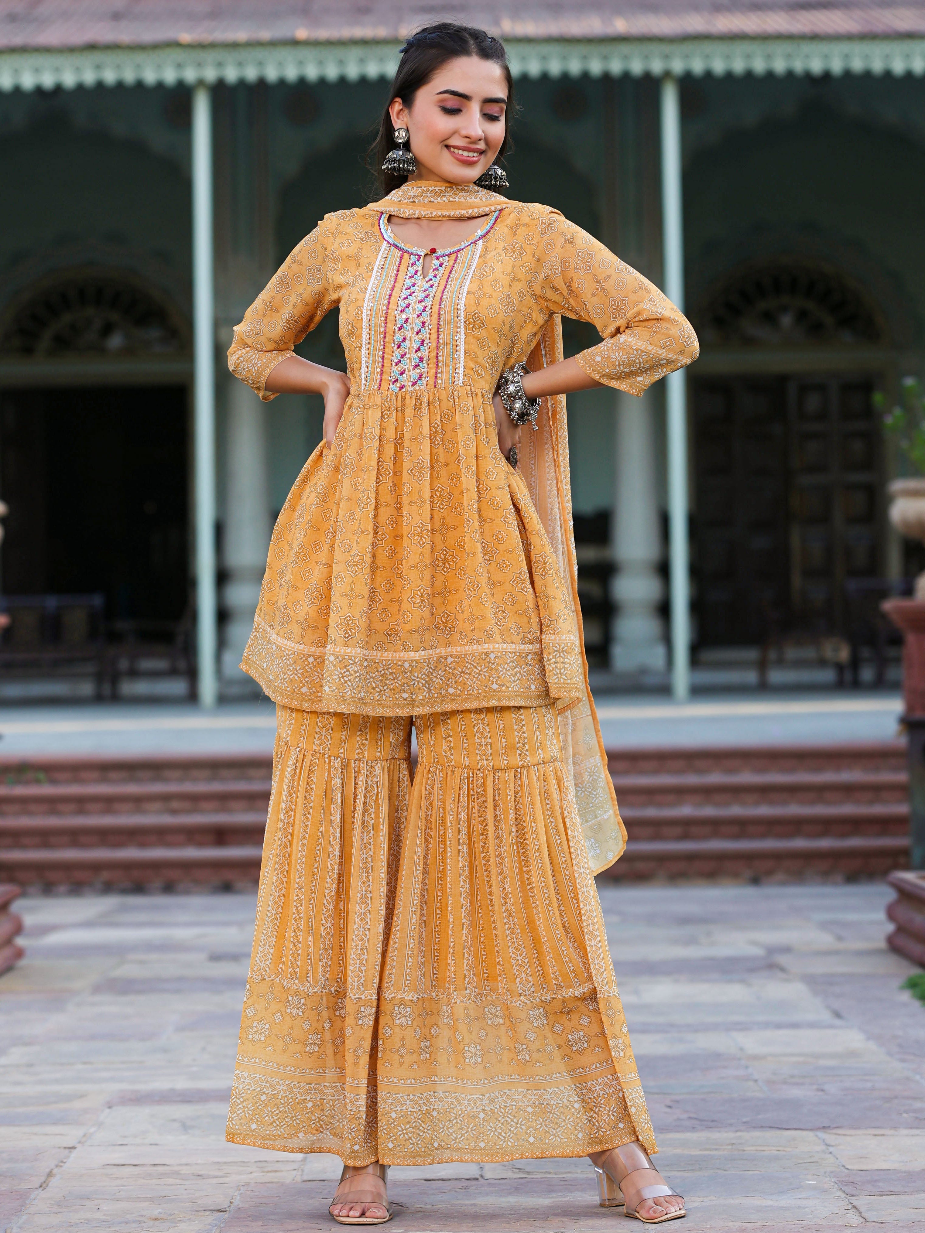 Juniper Women Yellow Georgette Geometric Printed Kurta Sharara & Dupatta Set