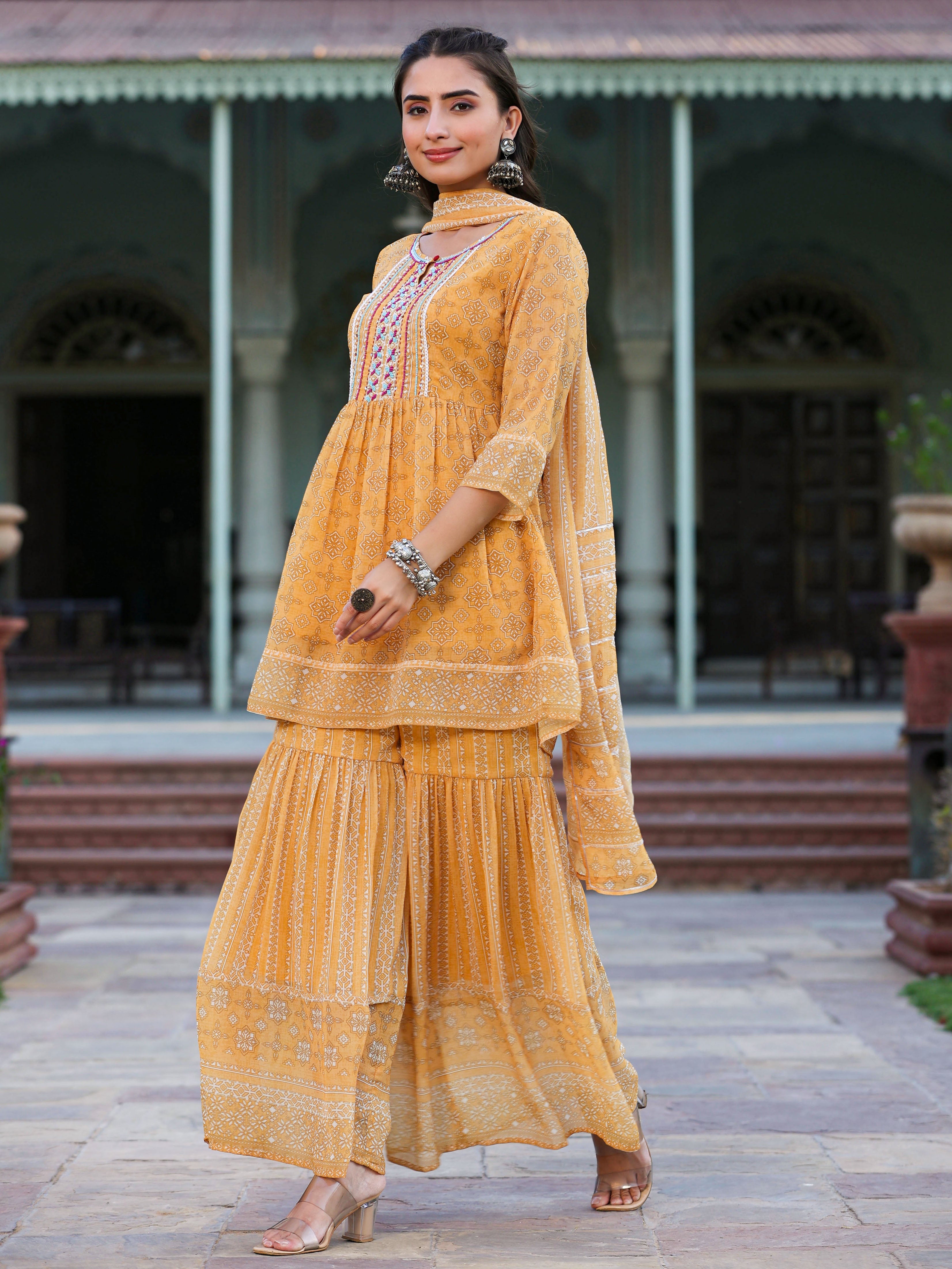 Juniper Women Yellow Georgette Geometric Printed Kurta Sharara & Dupatta Set