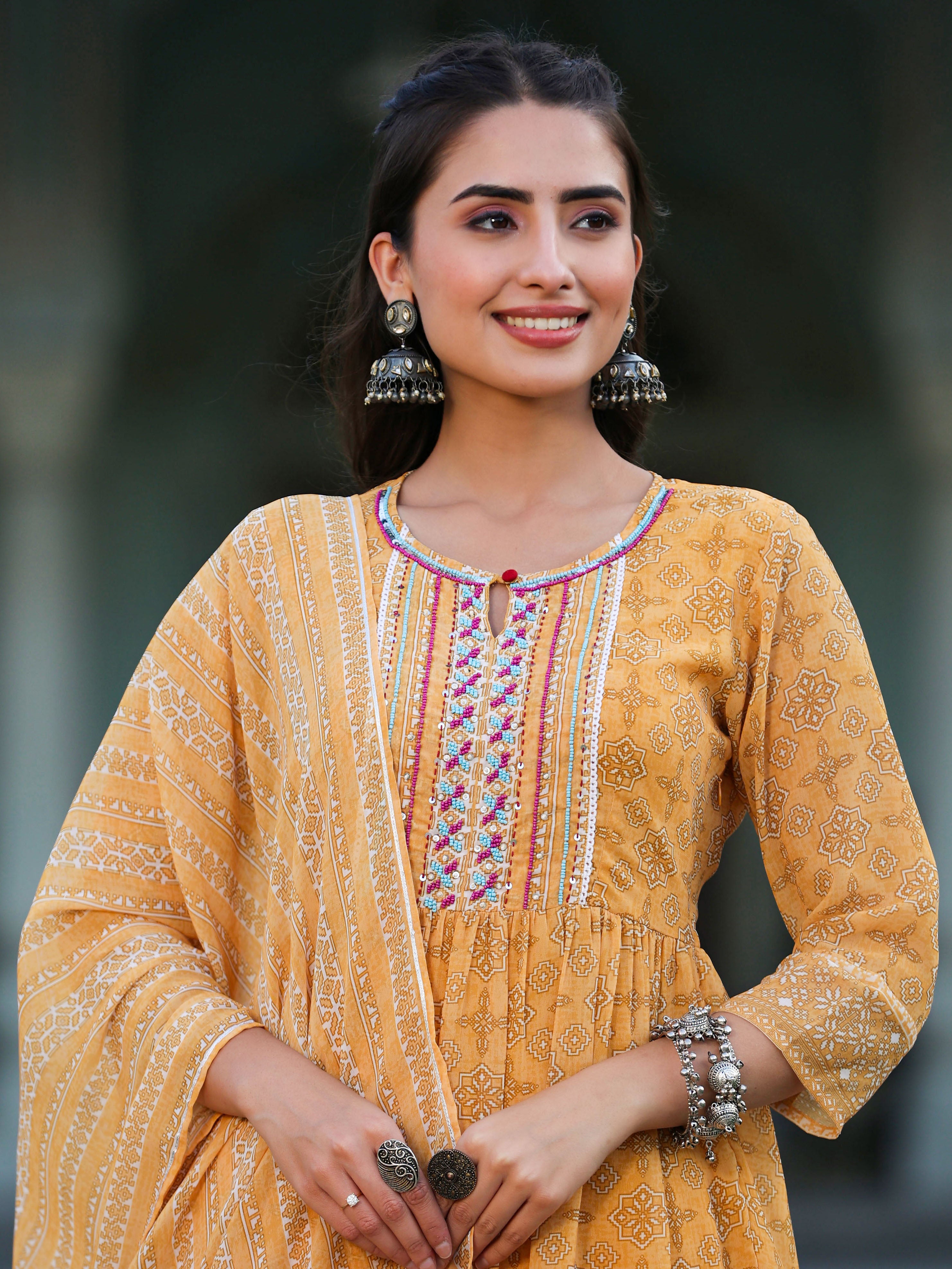 Juniper Women Yellow Georgette Geometric Printed Kurta Sharara & Dupatta Set