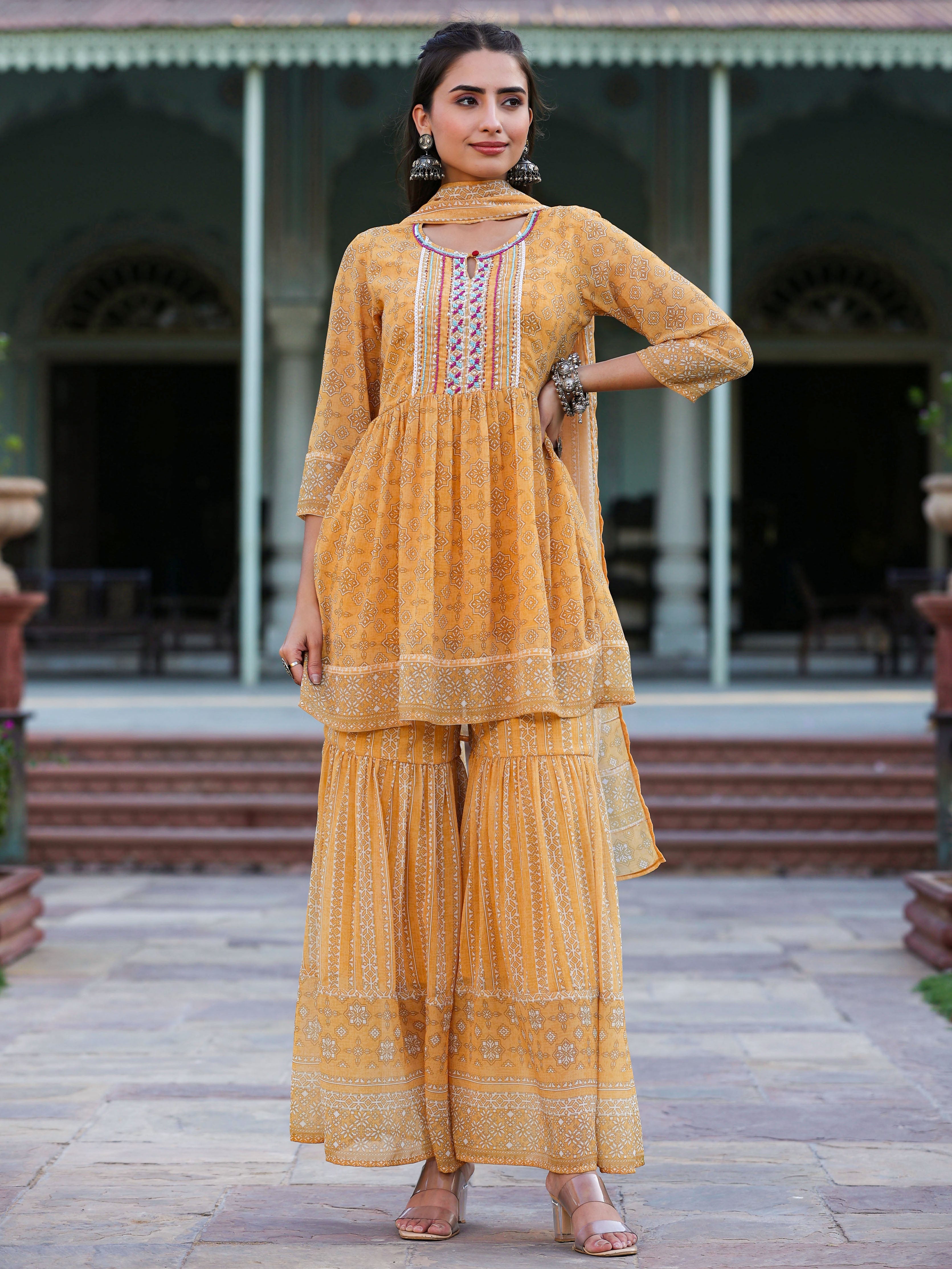 Juniper Women Yellow Georgette Geometric Printed Kurta Sharara & Dupatta Set