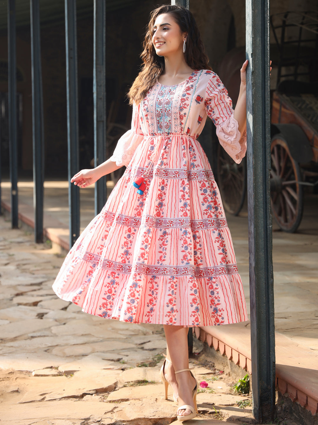 Juniper Women Pink Cotton Cambric Floral Printed Tiered Maxi Dress