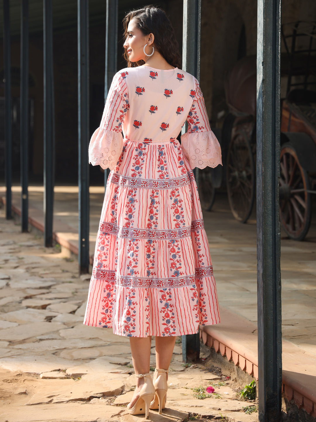 Juniper Women Pink Cotton Cambric Floral Printed Tiered Maxi Dress