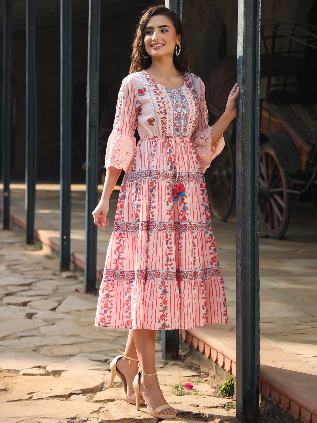 Juniper Women Pink Cotton Cambric Floral Printed Tiered Maxi Dress